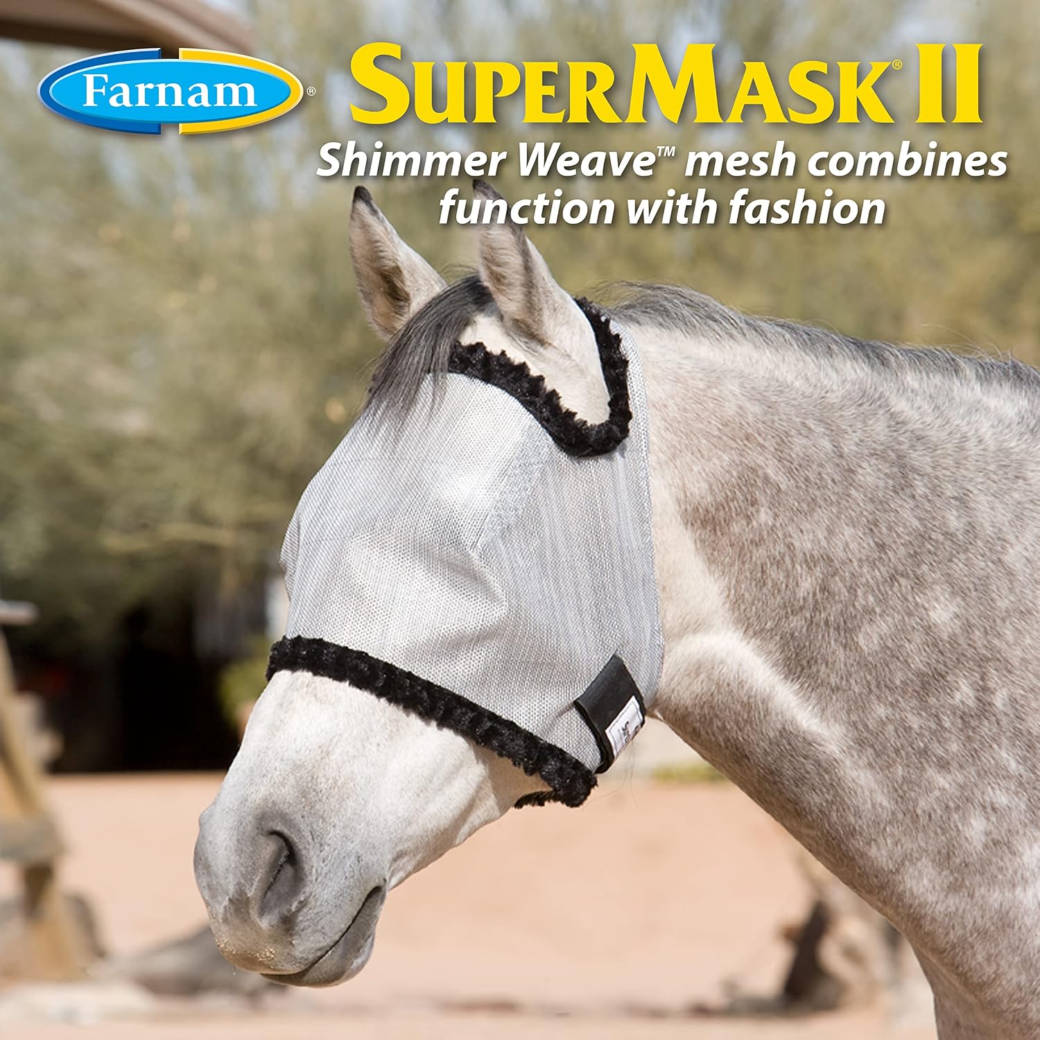 SuperMask II Shimmer Weave Mesh Horse Fly Mask Without Ears, Eye Protection from Insect Pests, Soft Silver Mesh with