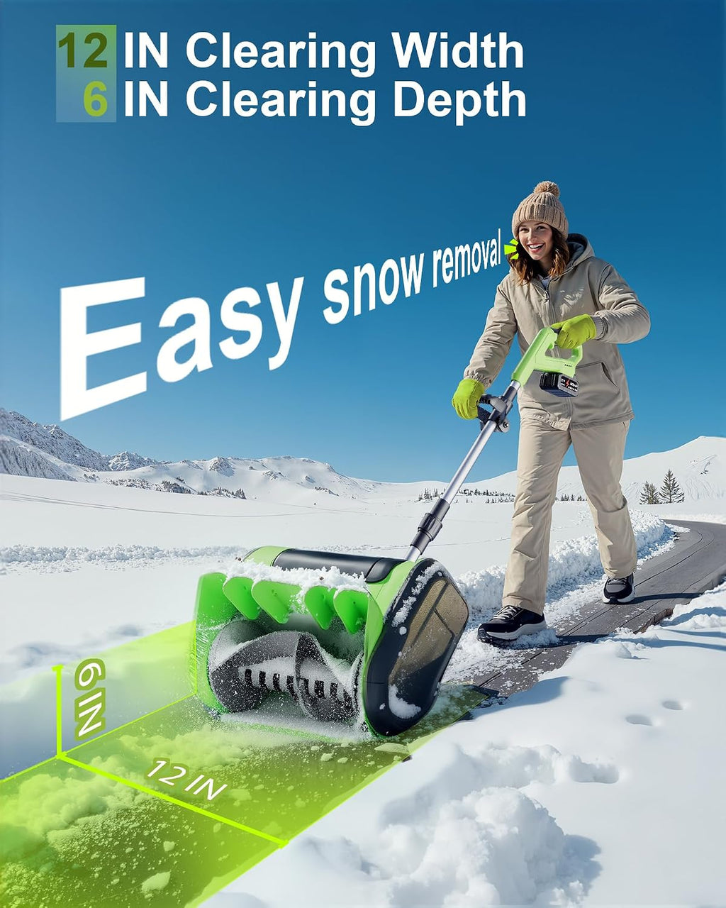 Electric Cordless Snow Shovel, 2X 3.0Ah/ 21V/ 12-Inch Battery | Snow Blower with Directional Plate & Adjustable Front
