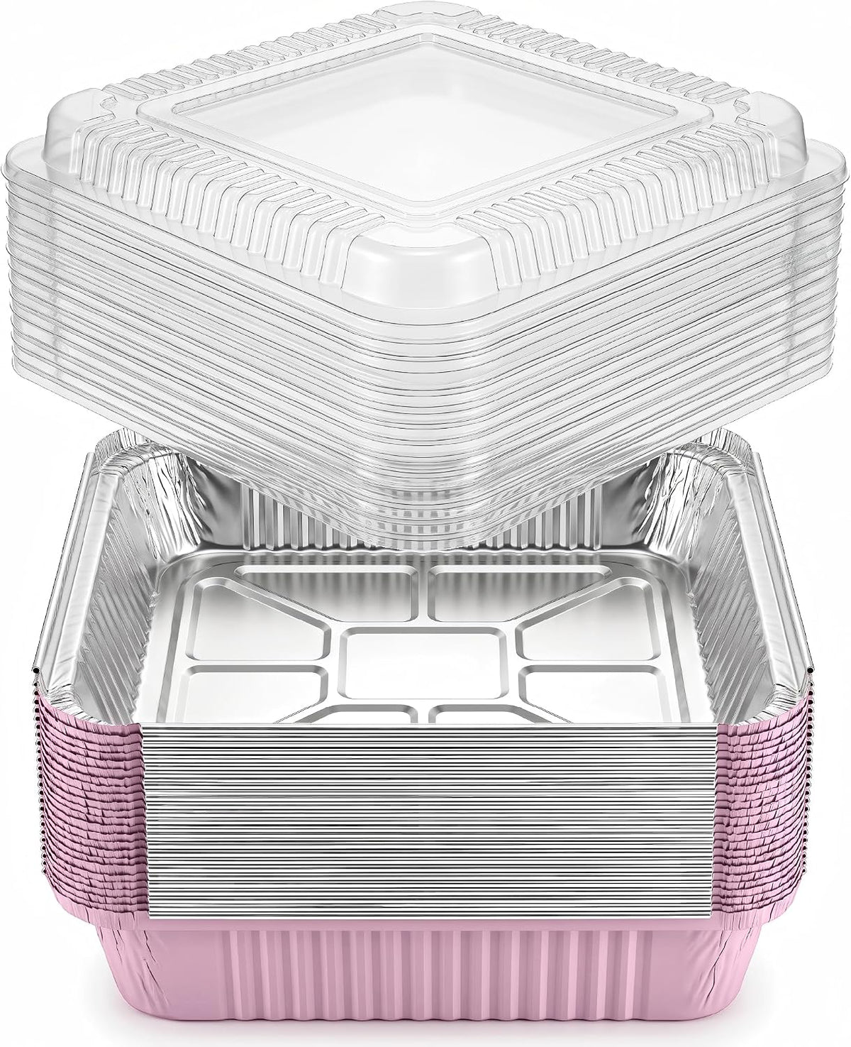 35-Pack 8x8 Pink Disposable Aluminum Foil Pans with Clear Lids
