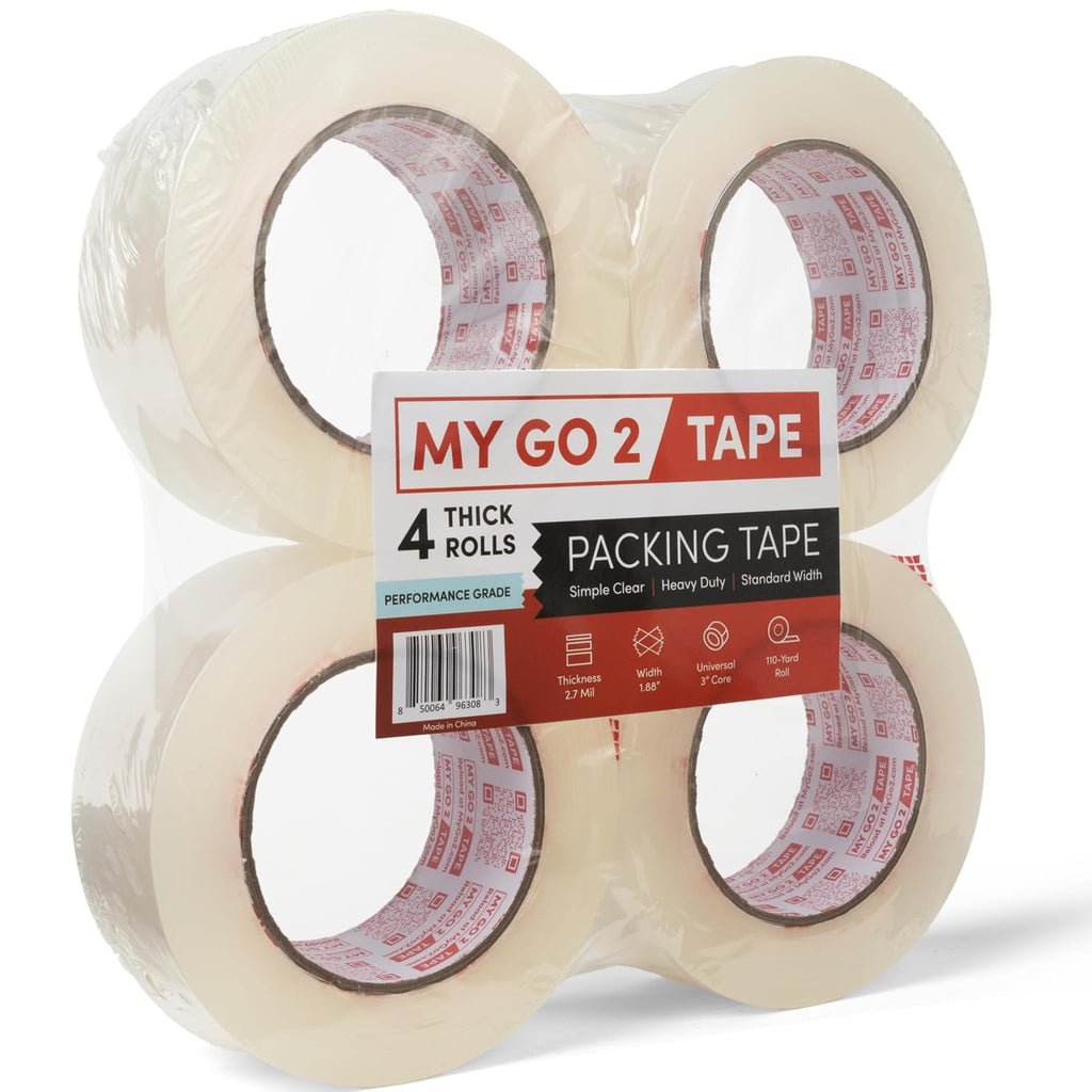 My Go 2 Packing Tape, Performance Grade, 2.7 MIL, Standard Width, Simple Clear (4, True 2.70 MIL, 110 Yard Rolls)