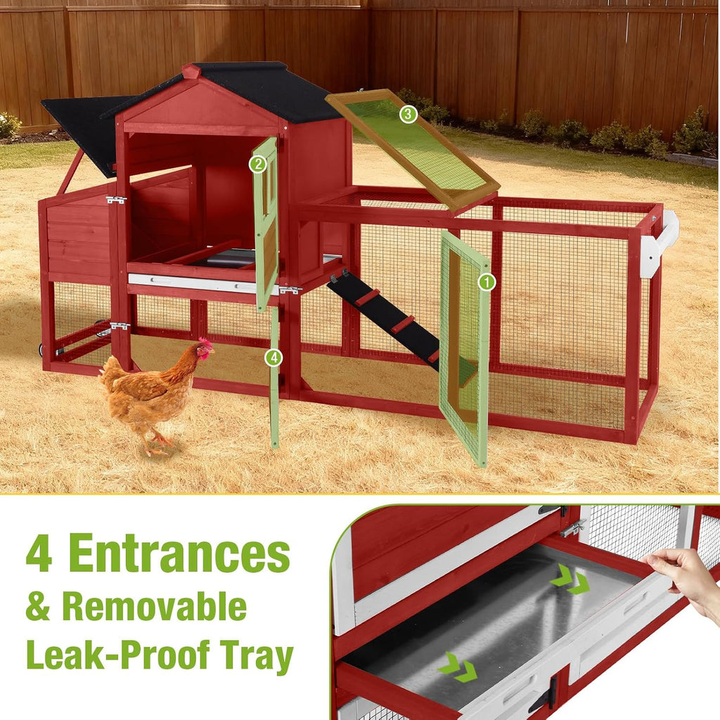 Mobile Chicken Tractor with 2 Nesting Boxes, 81" Large Wooden Chicken Coop for 2-4 Chickens, Predator Proof Poultry