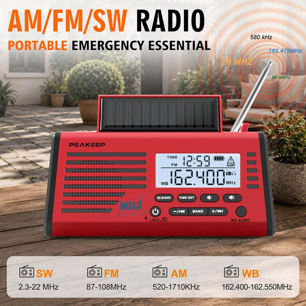 Emergency Radio NOAA Weather Alert Battery Solar Crank Powered | AM FM SW Portable Radio, Rechargeable Battery