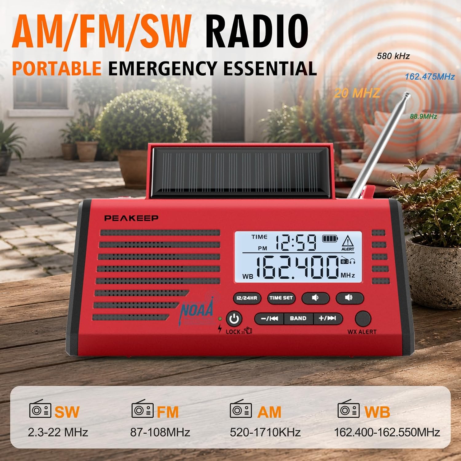 Emergency Radio NOAA Weather Alert Battery Solar Crank Powered | AM FM SW Portable Radio, Rechargeable Battery