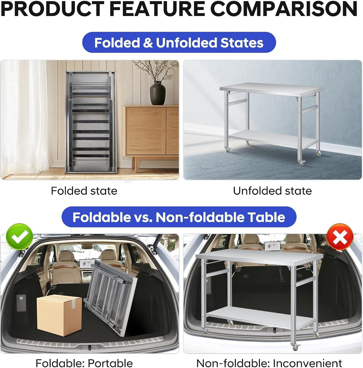 48x24" NSF Stainless Steel Folding Prep Table w/ Undershelf & Casters