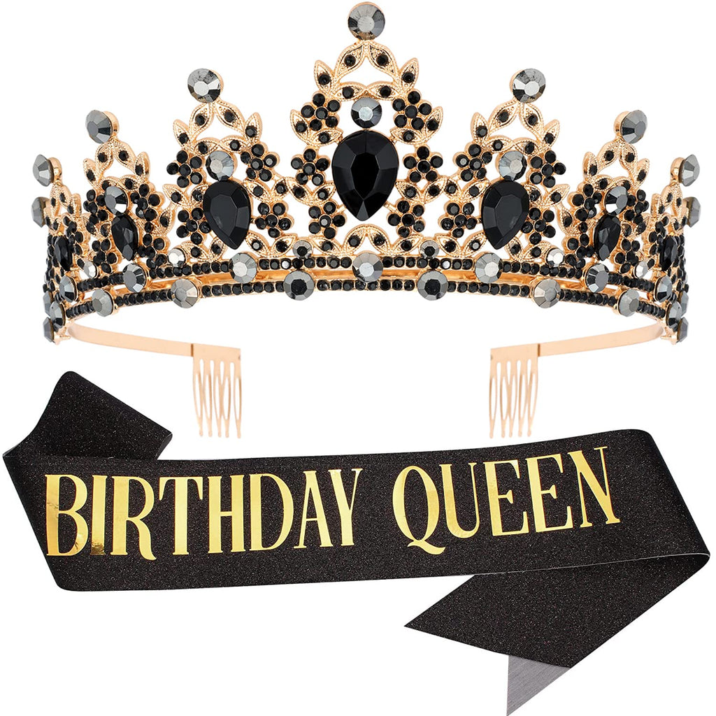 "BIRTHDAY QUEEN" Sash and Tiara for Women Crystal Tiara and Satin Kit for Girl Rhinestones Crown with Comb Glitter