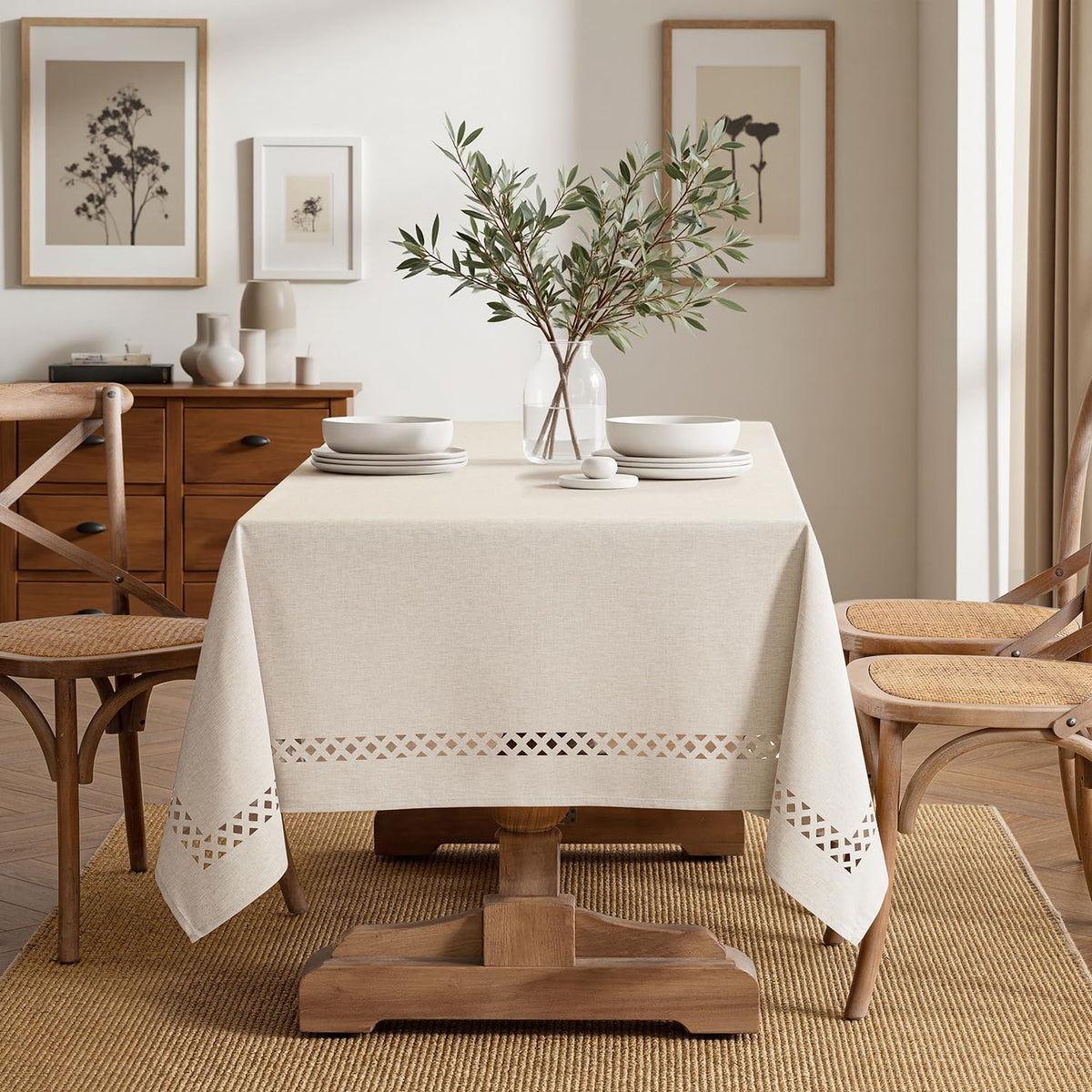 Beige Rectangle Tablecloth with Decorative Cutouts 60x120 inch
