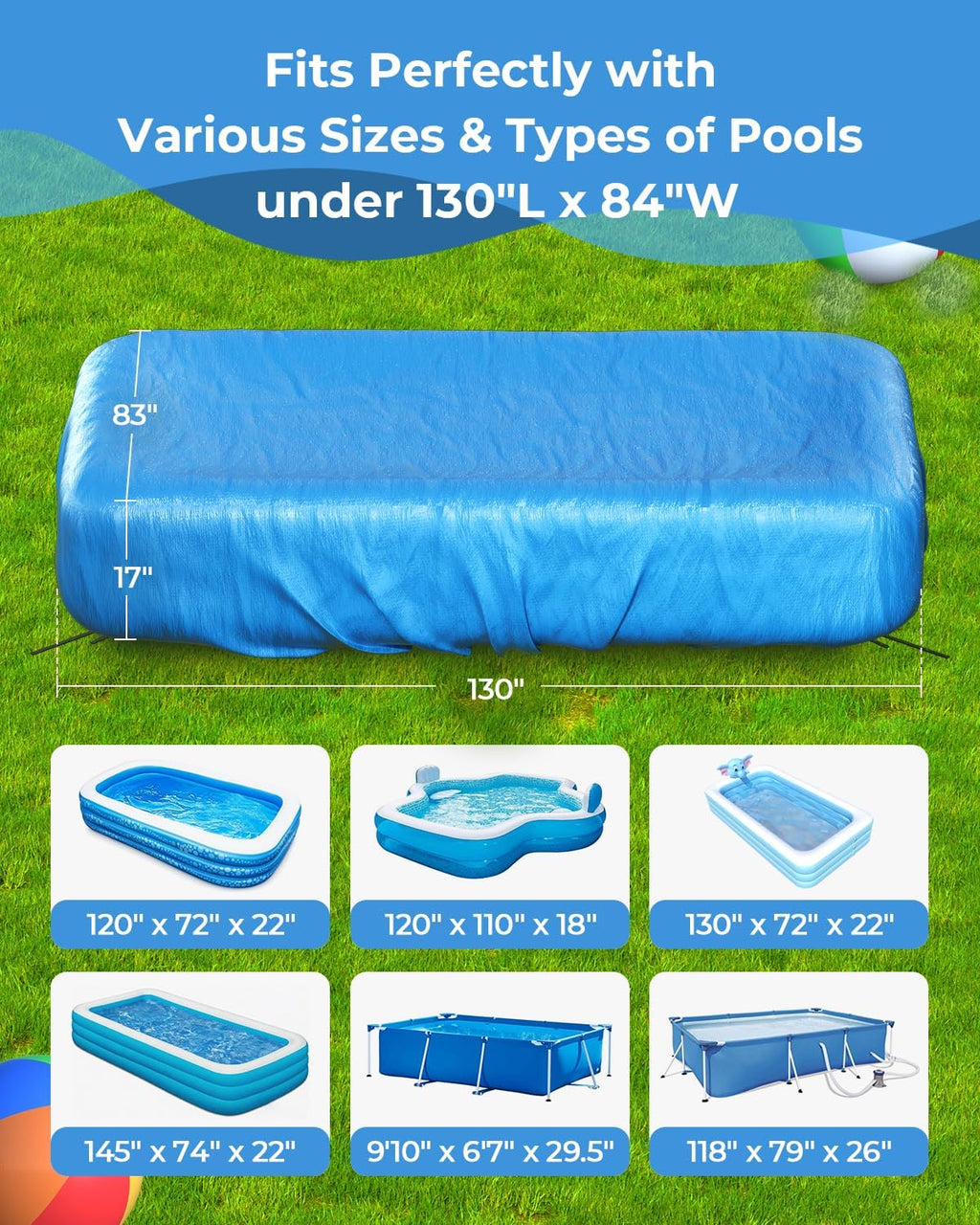 Inflatable Pool Cover Rectangle for 120” x 72”, 130” x 72”, 145" x 74" Pool, Secure Elastic Edge & Drawstrings 10' x