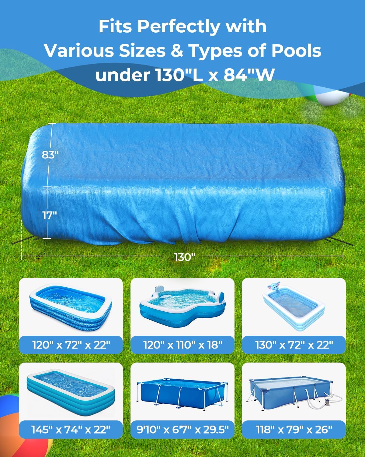 Inflatable Pool Cover Rectangle for 120” x 72”, 130” x 72”, 145" x 74" Pool, Secure Elastic Edge & Drawstrings 10' x