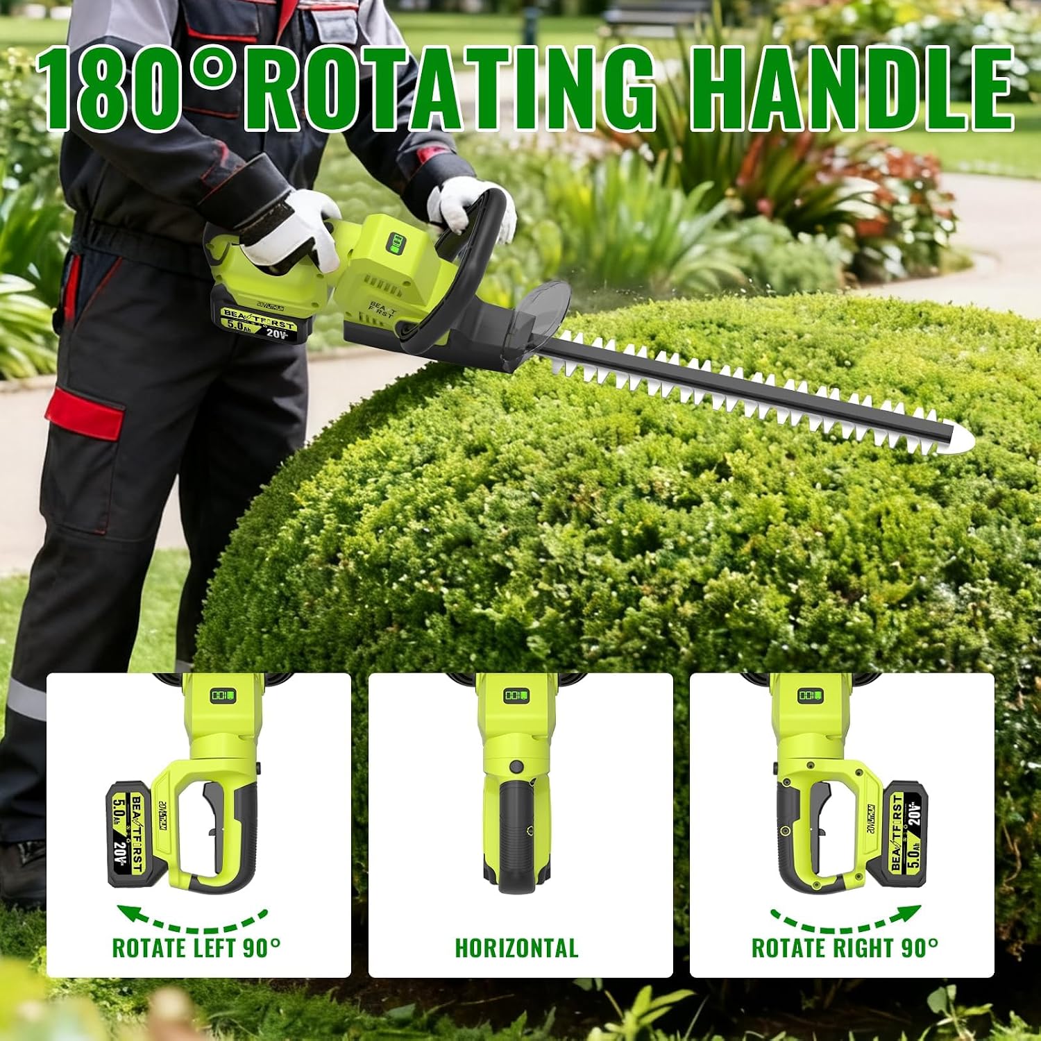 22-Inch Hedge Trimmer Cordless with 2x5.0Ah Battery & Charger | 20V Electric Bush & Shrub Trimmer | 180° Rotatable