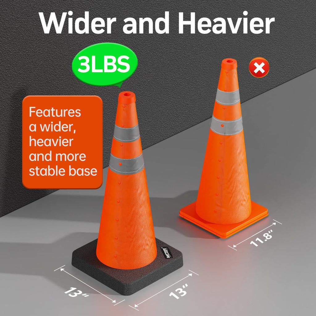 28 inch Collapsible Orange Traffic Safety Cones Weighted Base 2 Pcs | 3LBS heavy-duty design, reflective collar