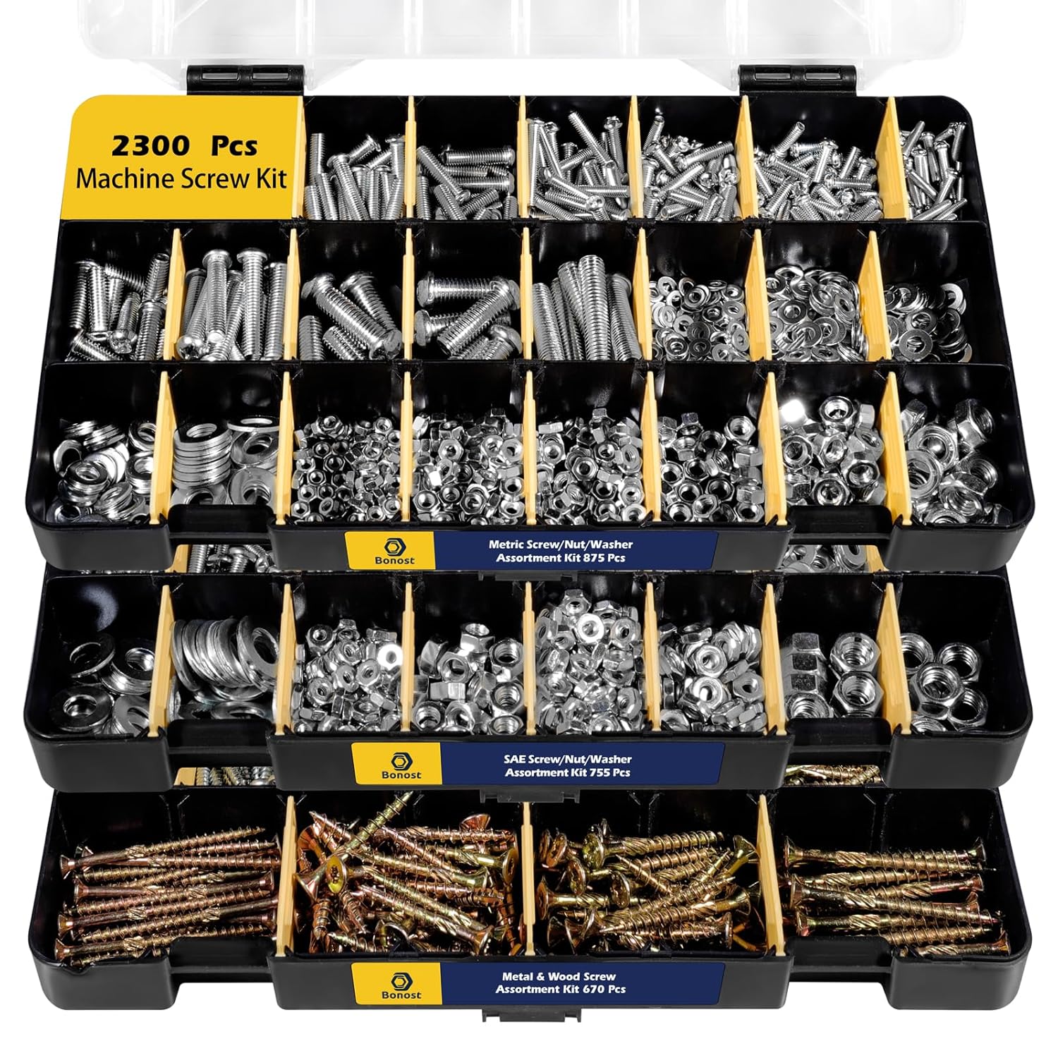 2300 Pieces Hardware Assortment Kit - Metric & SAE Machine Screw Assortment Kit with Assorted Nuts, Bolts, and