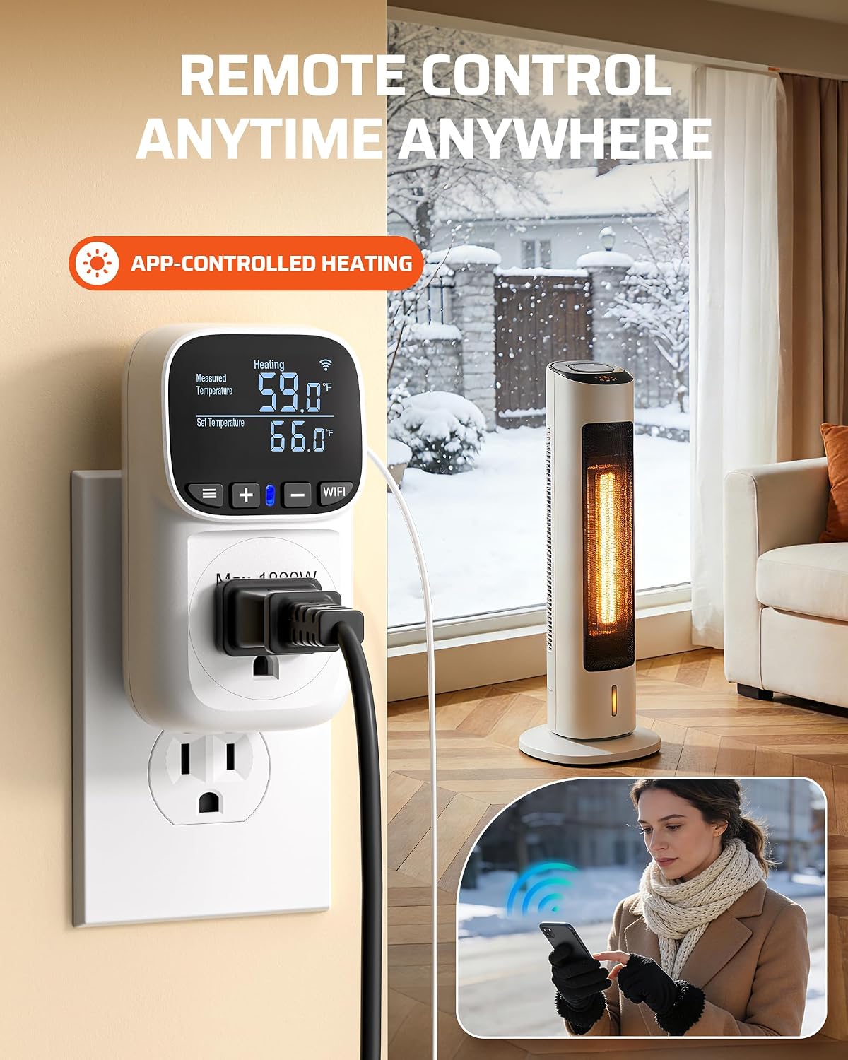 Smart WiFi Temperature Controller Outlet, 15A/1800W, 24H Timer | Bluetooth APP Remote Control, Schedule Timer