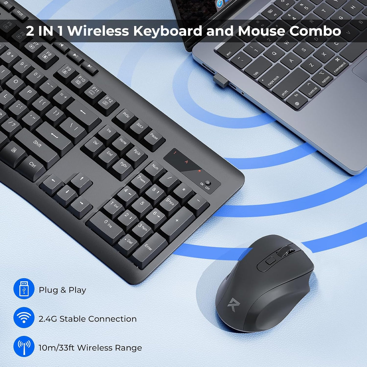 Wireless Keyboard and Mouse Combo, 2.4G Full-Sized Ergonomic Computer Keyboard and 5 Level DPI Adjustable Wireless
