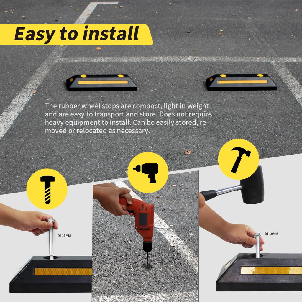 50135 2-Pack Commercial Grade Rubber Curb Parking Blocks with Yellow Reflective Strips Wheel Stops for Cars, Vans