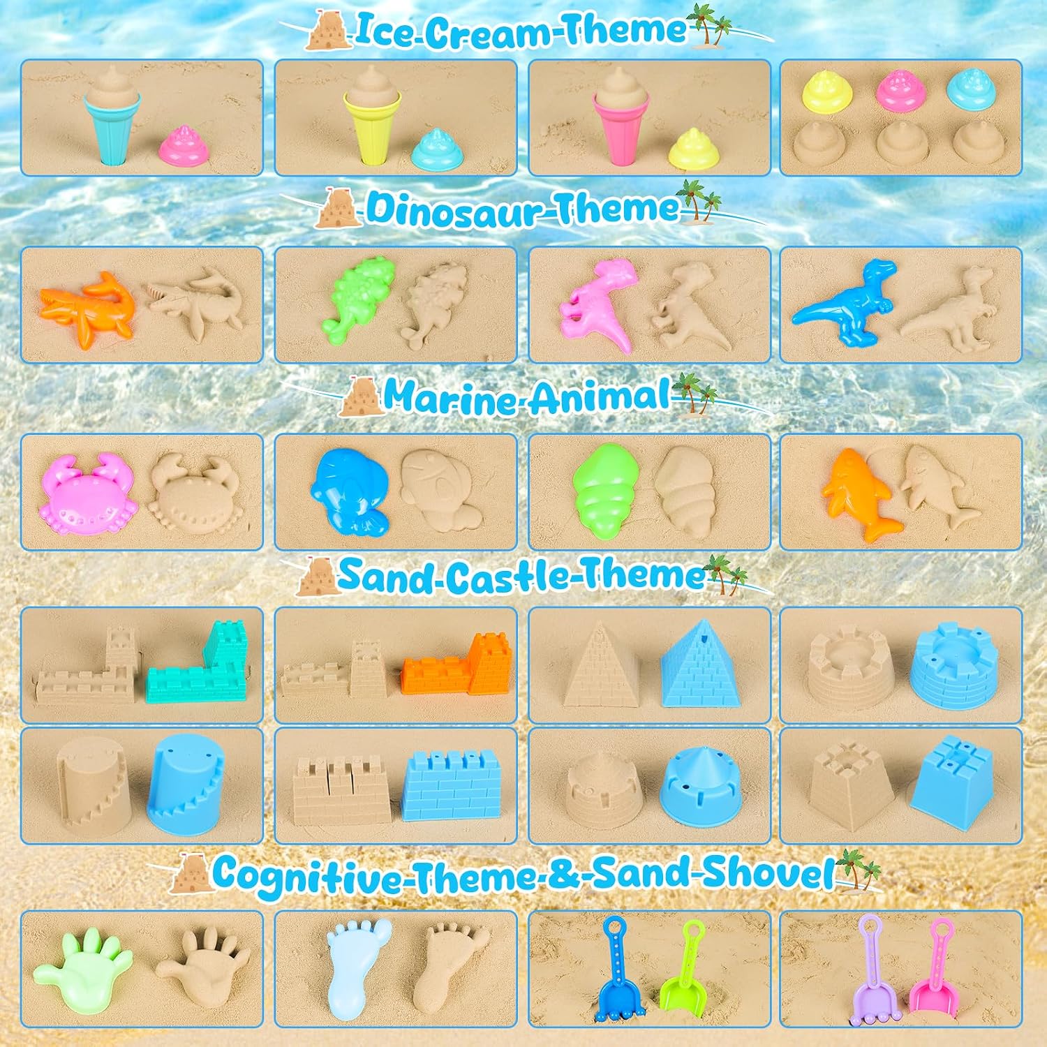 Beach Toys for Kids Toddlers, Sand Castle Toys with 4 Sand Bucket and Shovels, Mesh Bag & Molds, Ice Cream Travel
