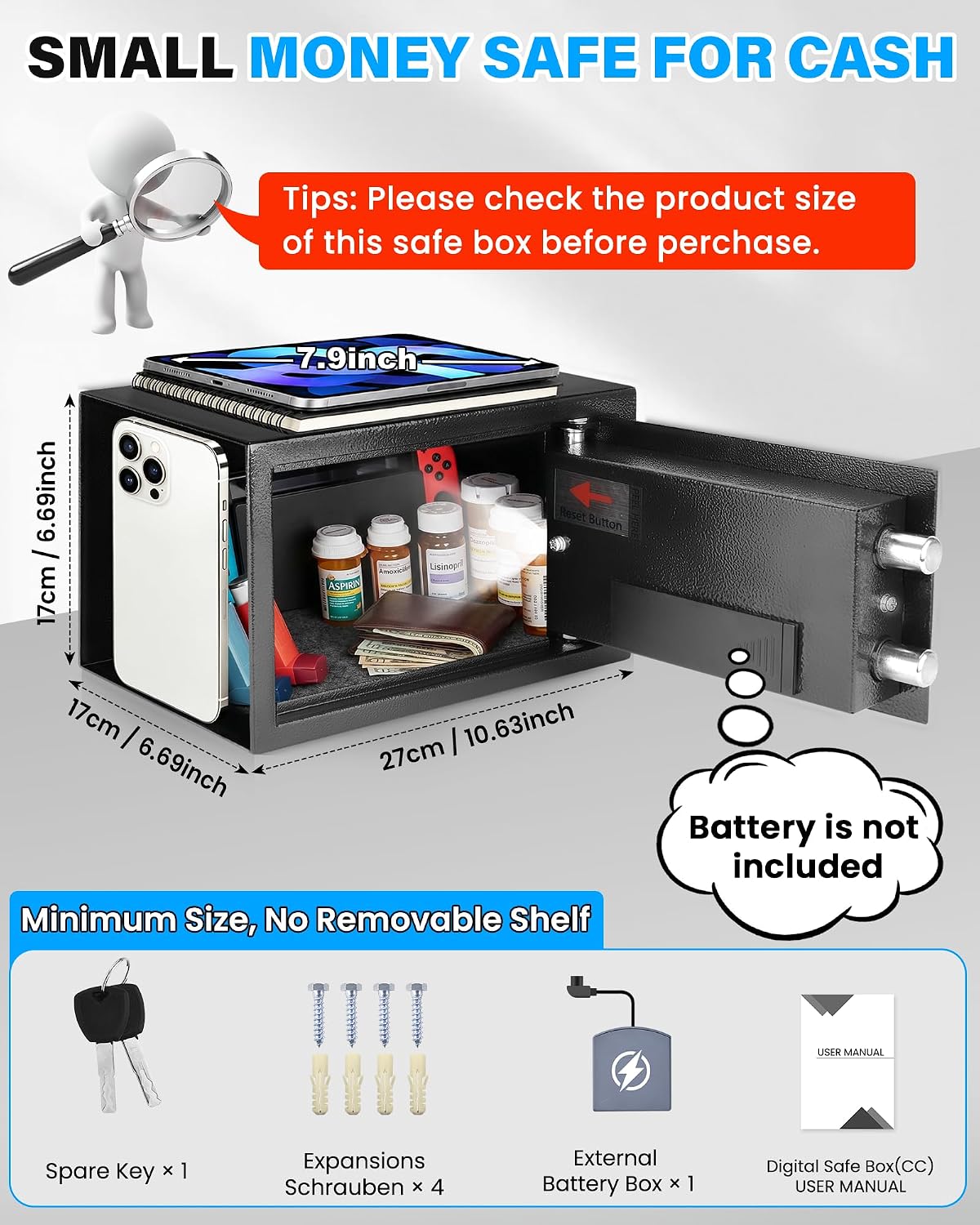[UPGRADED] Small Safes for Home, 0.30 Cuft Mini Safe Box | with Fireproof Waterproof Bag, Digital Money Safe with