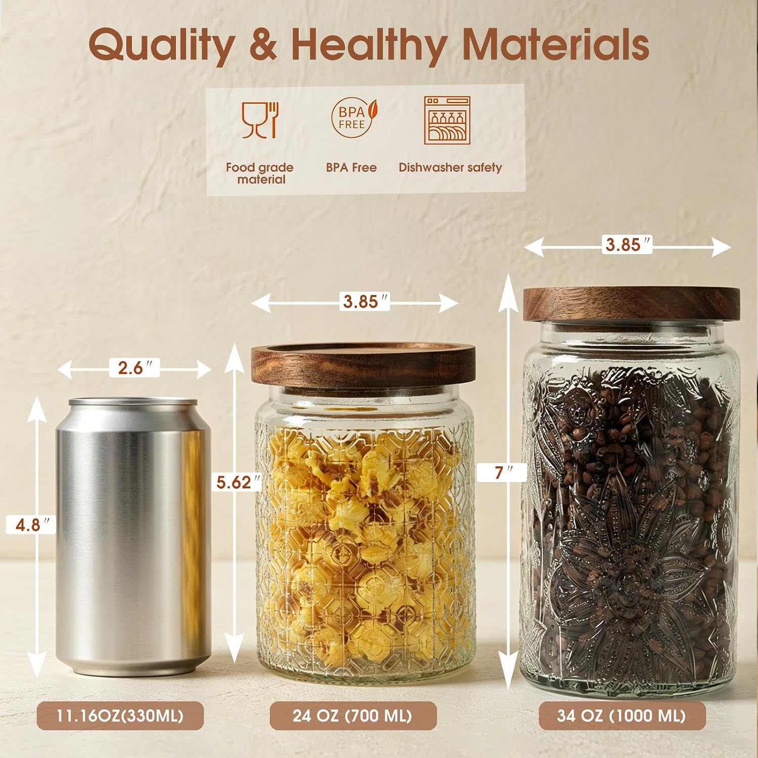 Vintage Glass Jar with Lid, Airtight Candy Coffee Canister Food Storage | 24oz Decorative Container Set with