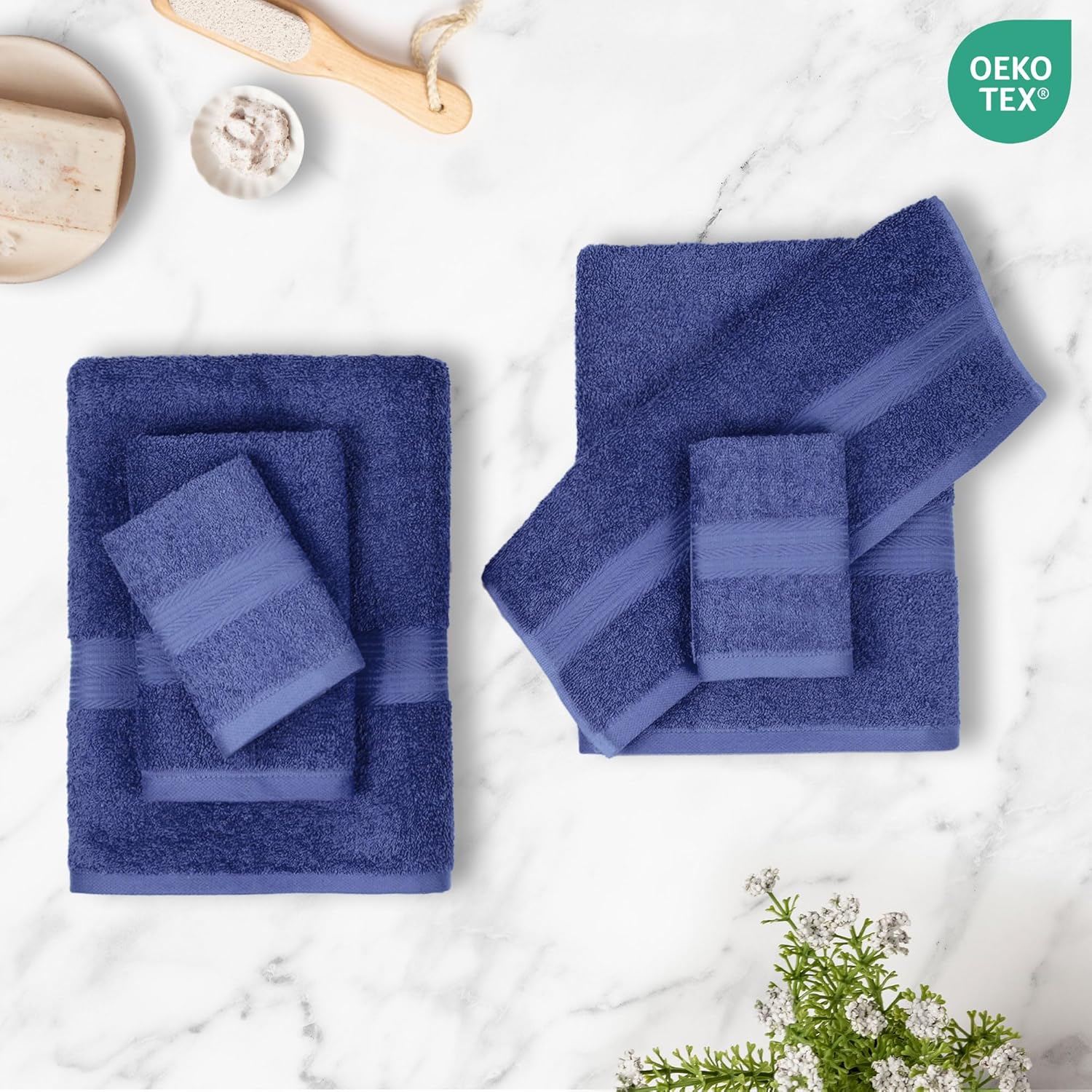 6-Piece Fade-Resistant 100% Cotton Towel Set, Soft and Absorbent, 2 Bath Towels, 2 Hand Towels, 2 Washcloths, Navy Blue