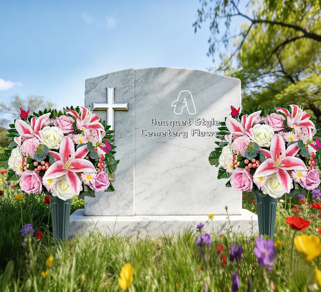 Artificial Cemetery Flowers,Memorial Flowers,Beautiful Arrangements for Headstones,Silk Lily Rose Berries Daisy