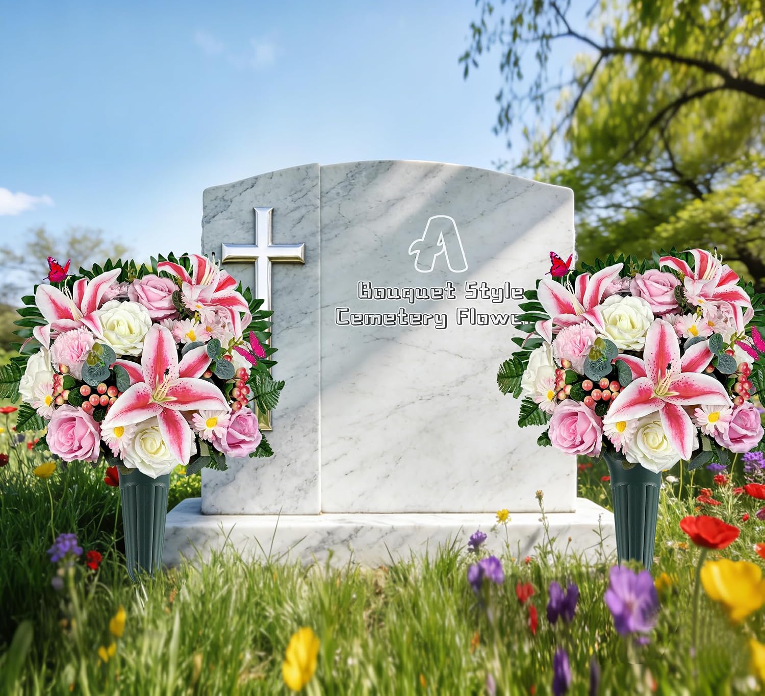Artificial Cemetery Flowers,Memorial Flowers,Beautiful Arrangements for Headstones,Silk Lily Rose Berries Daisy