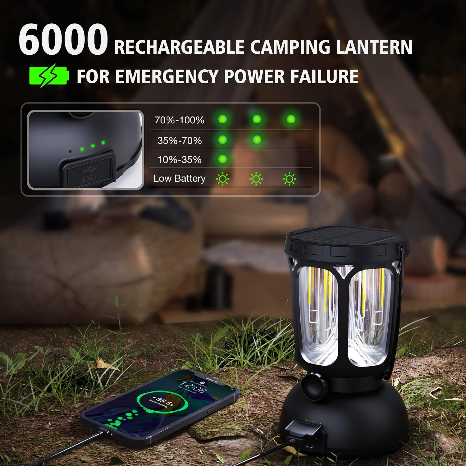 6000 LED Camping Lantern Rechargeable, 650LM Hand Crank Solar Camping Light, Portable Battery Powered Lantern for