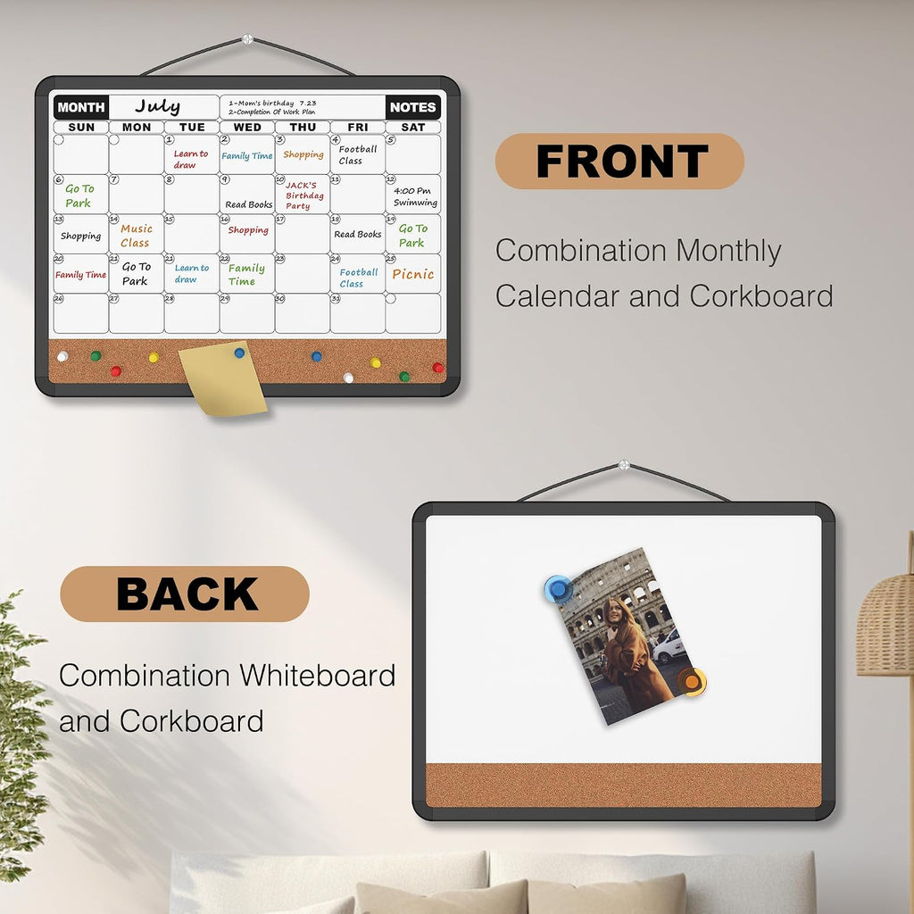 Monthly Calendar Dry Erase Board 16x12 Inch, Double-Sided Whiteboard and Corkboard Combo with Black Plastic Frame