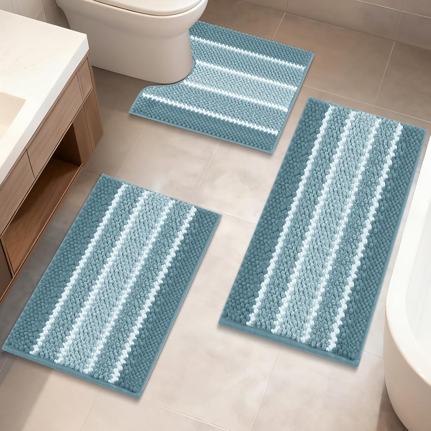 Chenille Bathroom Rugs 3 Pieces, Blue, 17"×24", 20"×32", 20"×24" | Extra Thick Absorbent Non-Slip Bath Mats with