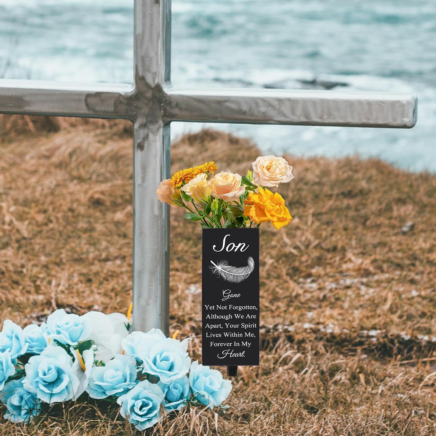 Son Cemetery Vases for Grave, Metal Cemetery Grave Flower Vase with Stake, Son Grave Cemetery Decorations, Metal