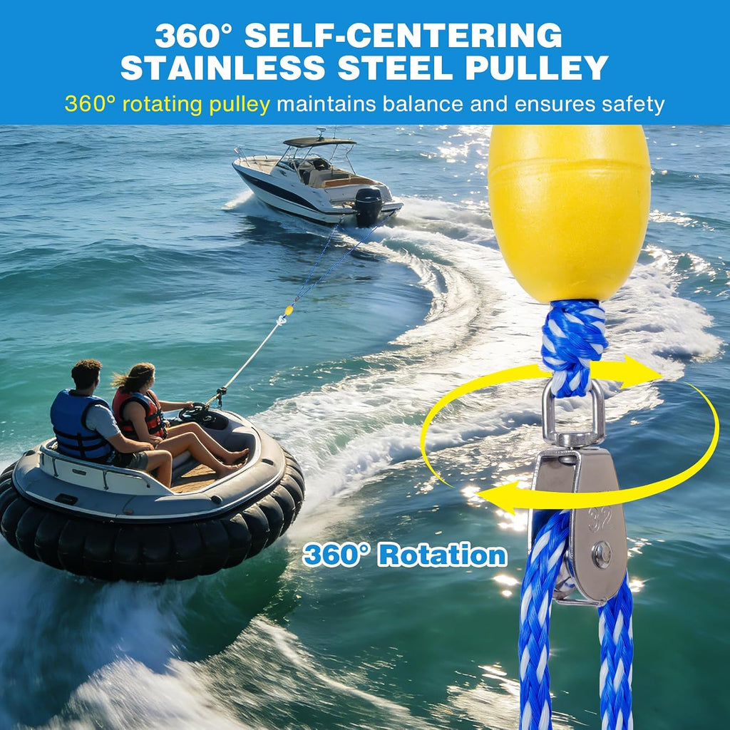 Heavy Duty Boat Tow Harness for Tubing, Self Centering Boat Tow Rope for Tubing 1-4 Riders with 360° Rotating Pulley