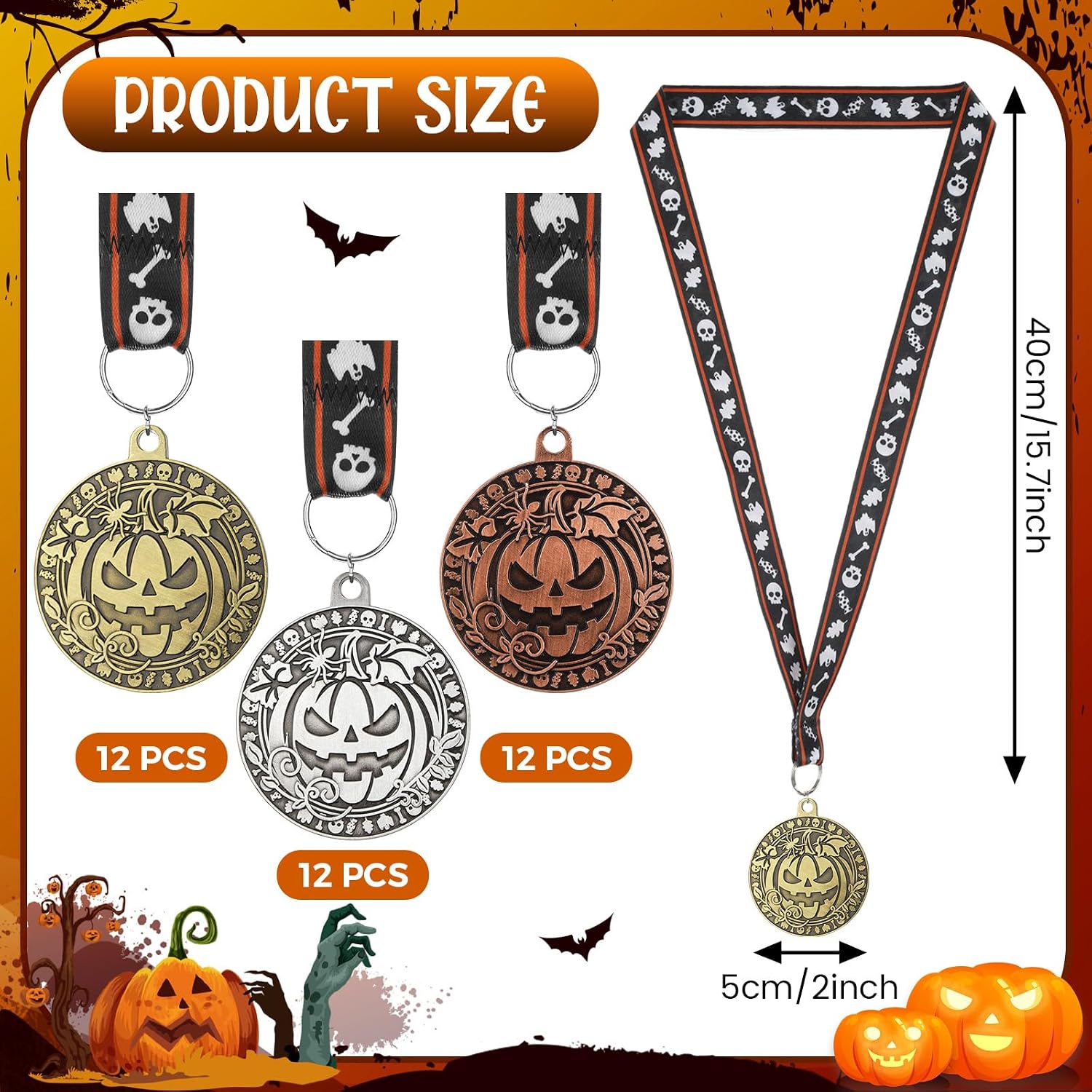 36 Pcs Halloween Pumpkin Medals Bulk 2 Inch Metal Halloween Awards Medals Pumpkin Trophy with Neck Ribbons, Gold