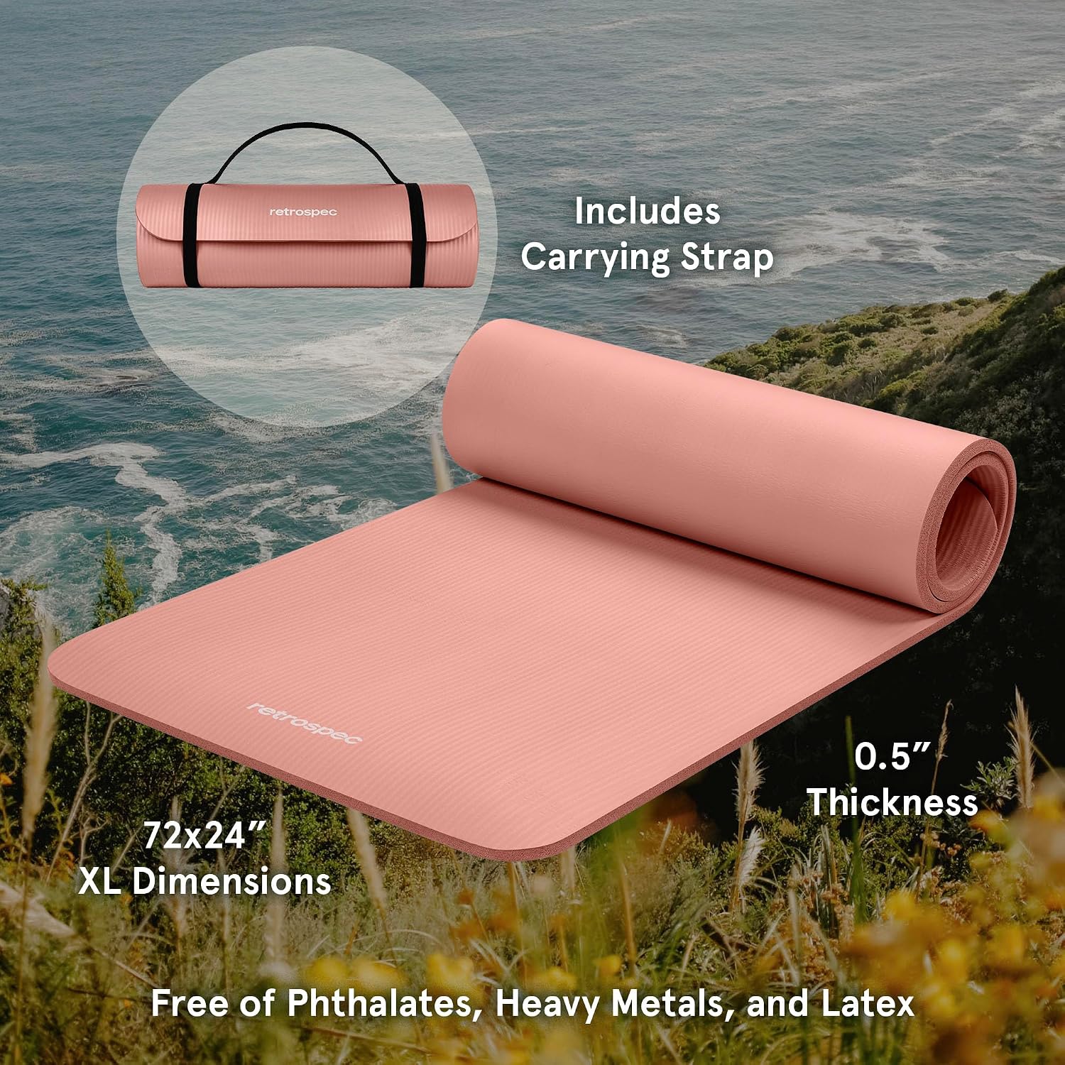 Solana Yoga Mat Thick 1/2in Non-Slip Workout Mat with Nylon Strap - 72x24in Exercise Mat for Pilates, Stretching &
