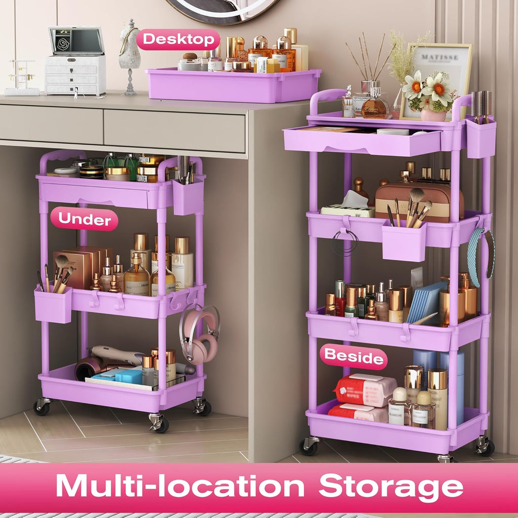 Rolling Makeup Organizer Cart with Removable Drawer, 3 Tier Purple
