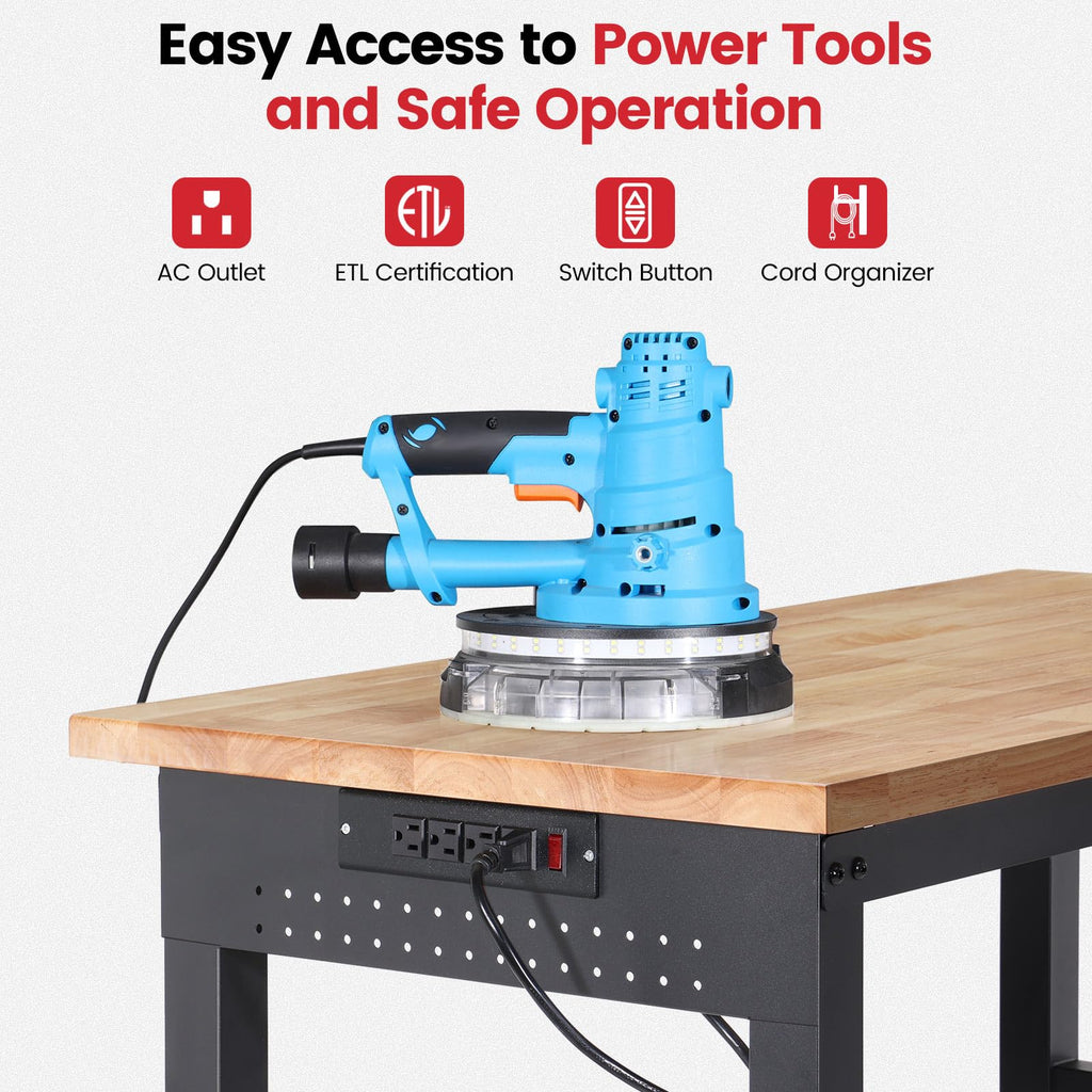 48" Adjustable Height Workbench with Wheels Heavy Duty Work Table with Under Table Shelf, Dual Pegboards & Power