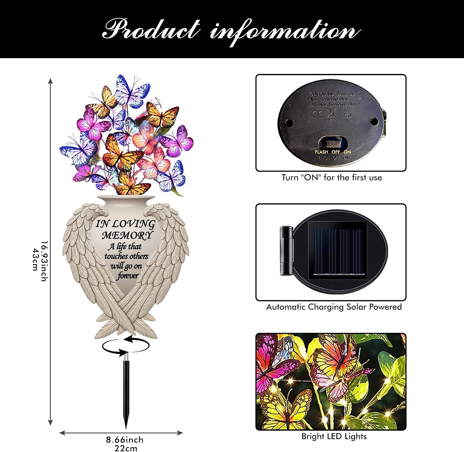 Solar Angel Wing Memorial Stake - Metal Silhouette Grave Decorations for Cemetery - Flat Outdoor Sympathy Gift with