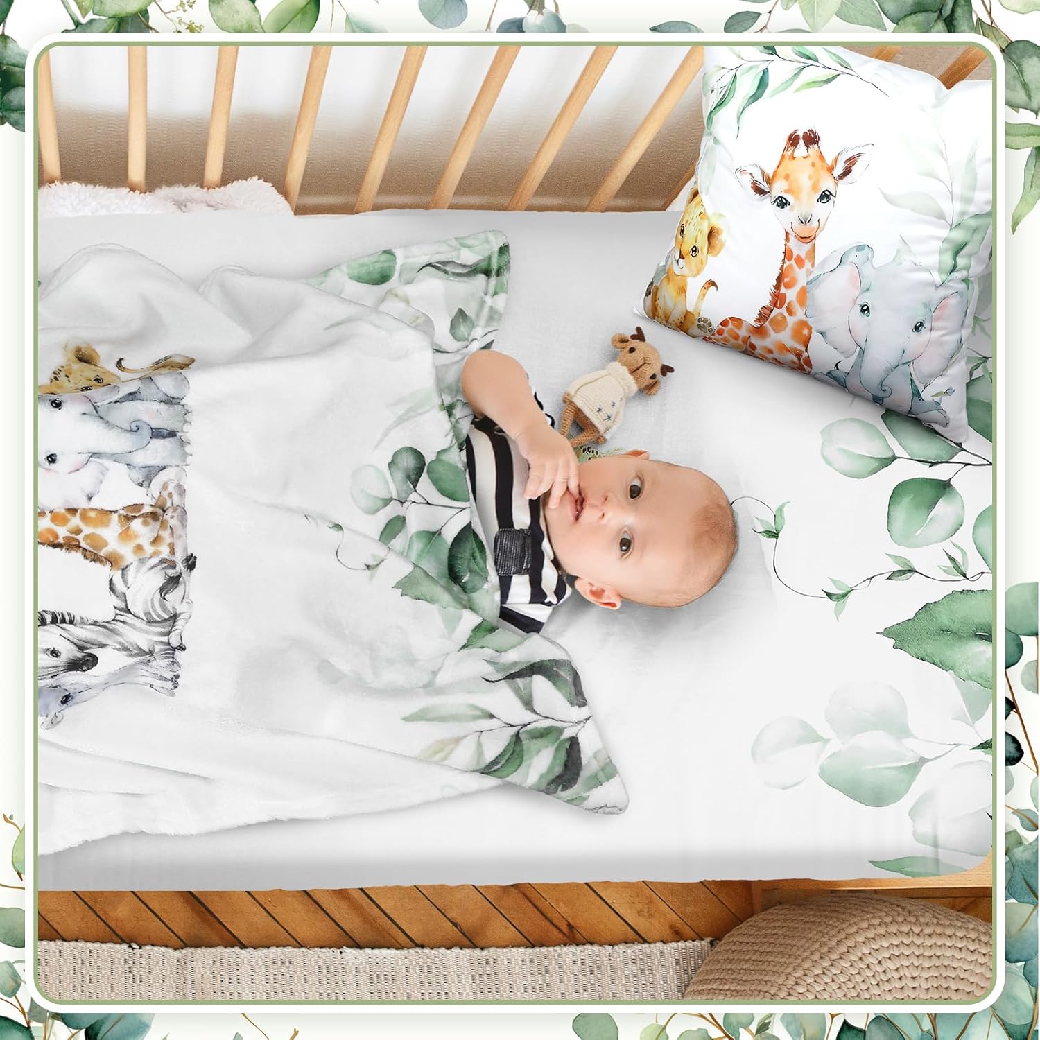 Baby Safari Animals Crib Bedding Set 3 Pcs Crib Set Baby Blanket, Fitted Sheet, Pillowcase Soft Flannel Nursery