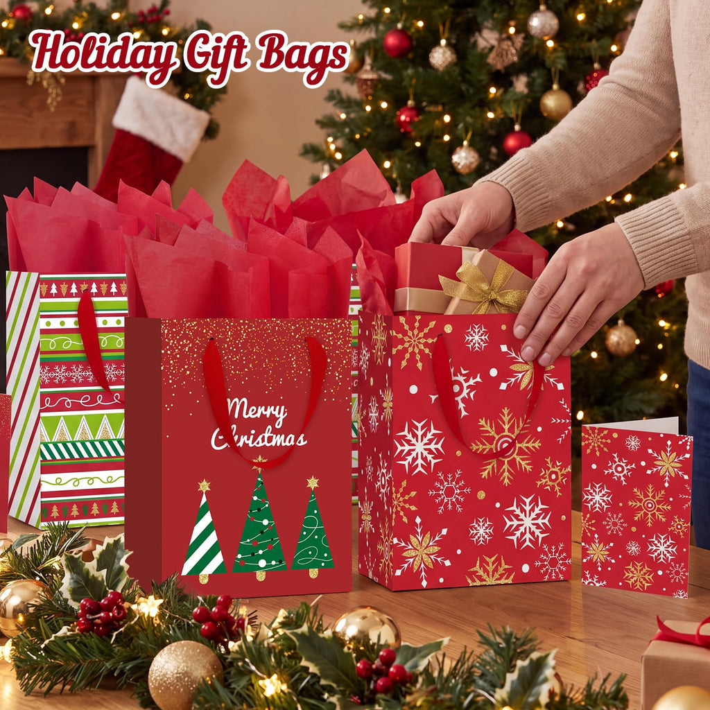 4 Pack 10.6" Christmas Red Gift Bags with Handles