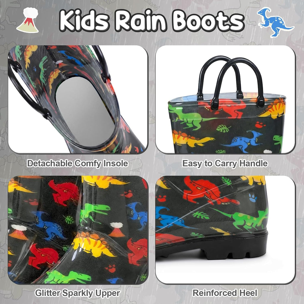 Kids Rain Boots for Boys Rain Boots Dinosaur Shark Rainboots Toddler Boy Waterproof Lightweight Easy-On Handles Outdoor