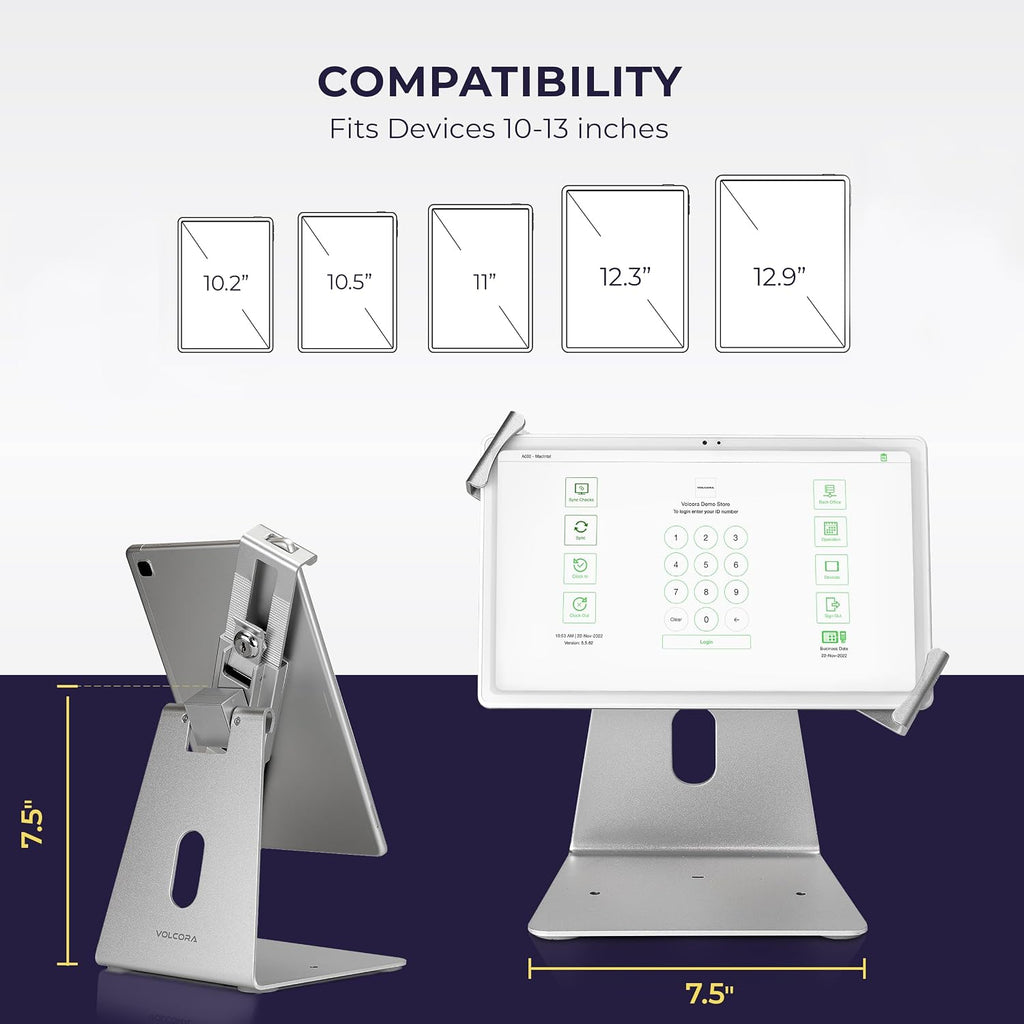 Anti-Theft Tablet Stand iPad Kiosk Stand with Lock, Silver 10-13'' iPad Stand for Desk, Swivel, Adjustable iPad
