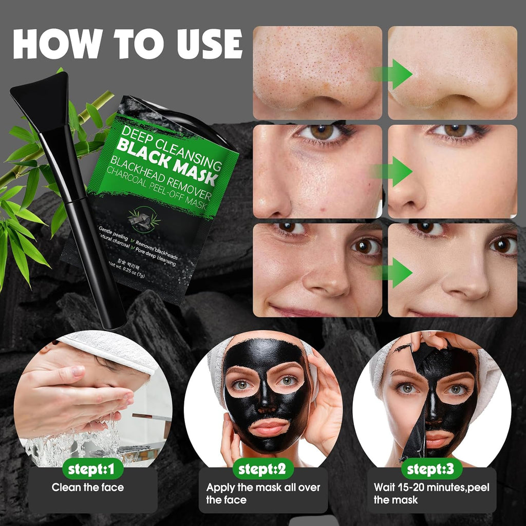 20 Pack Charcoal Peel Off Black Face Mask with Brush | Deep Cleansing for Men and Women
