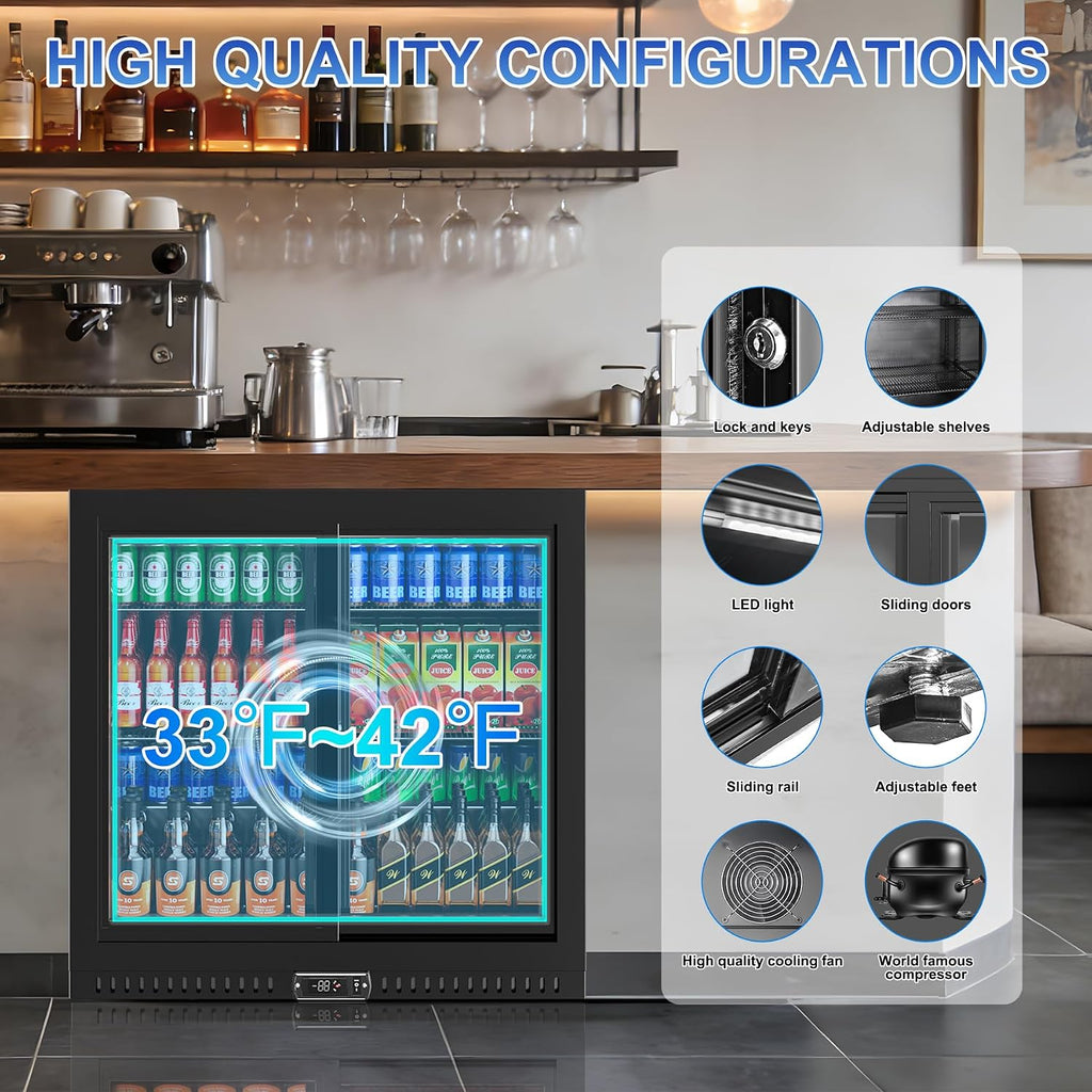 Back Bar Cooler with Sliding Doors, Counter Height Beverage Cooler