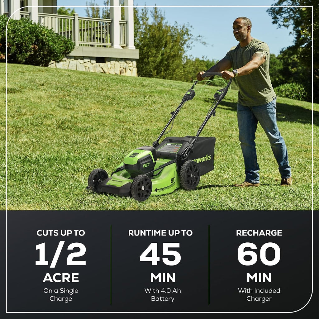 80V 21" Brushless Cordless (Self-Propelled) Lawn Mower (75+ Compatible Tools), 4.0Ah Battery and 60 Minute Rapid