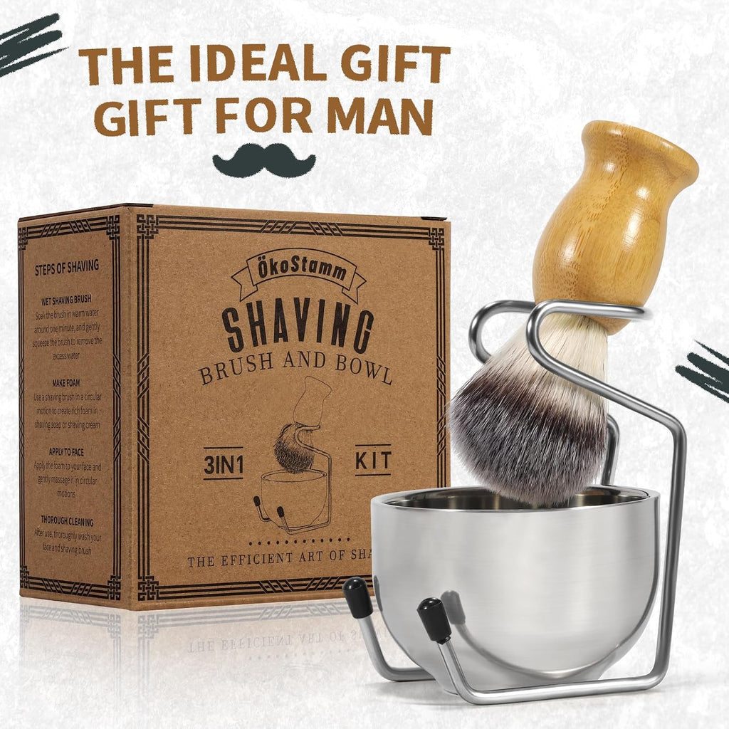 Bamboo Shaving Brush and Bowl with Synthetic Badger Bristle | Odorless Bristle, Ergonomic Handle, Starter Men’s