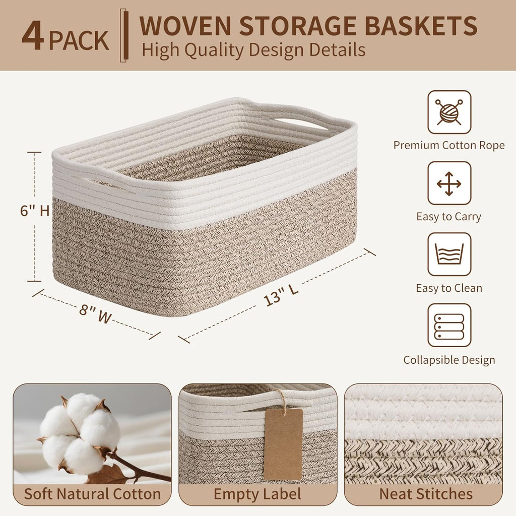 4 Pack Storage Baskets for Shelves, Rectangle Woven Baskets for Organizing, Cotton Rope Storage Bins for Baby Toys