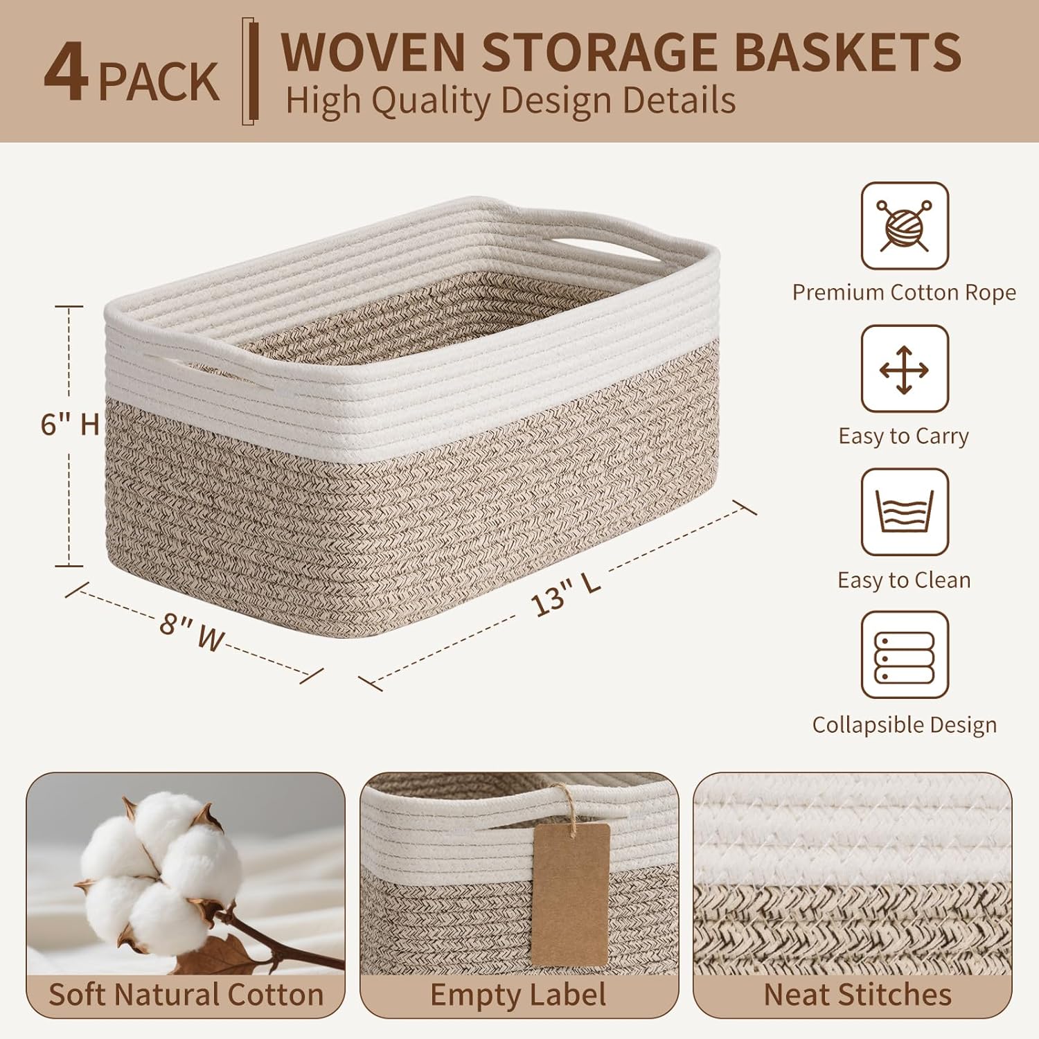 4 Pack Storage Baskets for Shelves, Rectangle Woven Baskets for Organizing, Cotton Rope Storage Bins for Baby Toys
