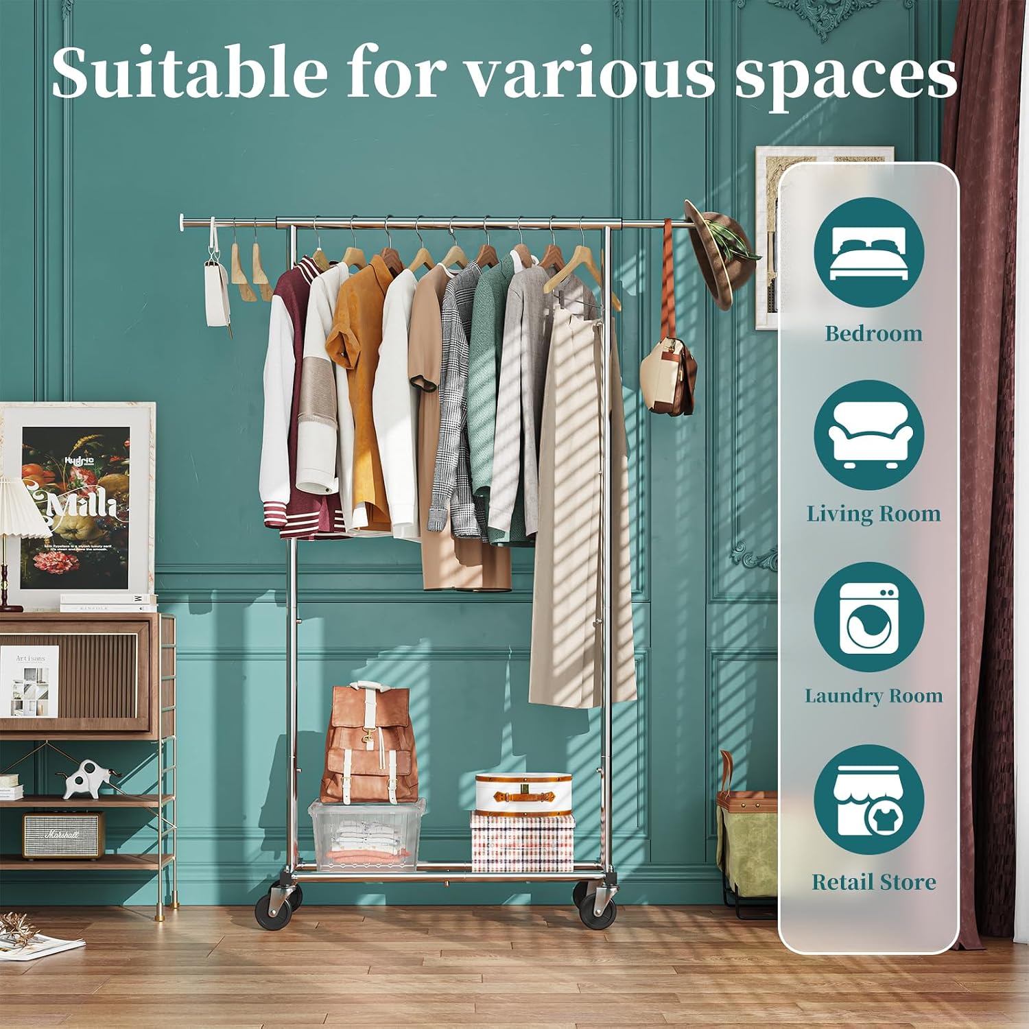 Clothing Garment Rack, Extendable Clothes Organizer, Chrome | Clothes Rack with Bottom Storage Shelf, 360° Wheels