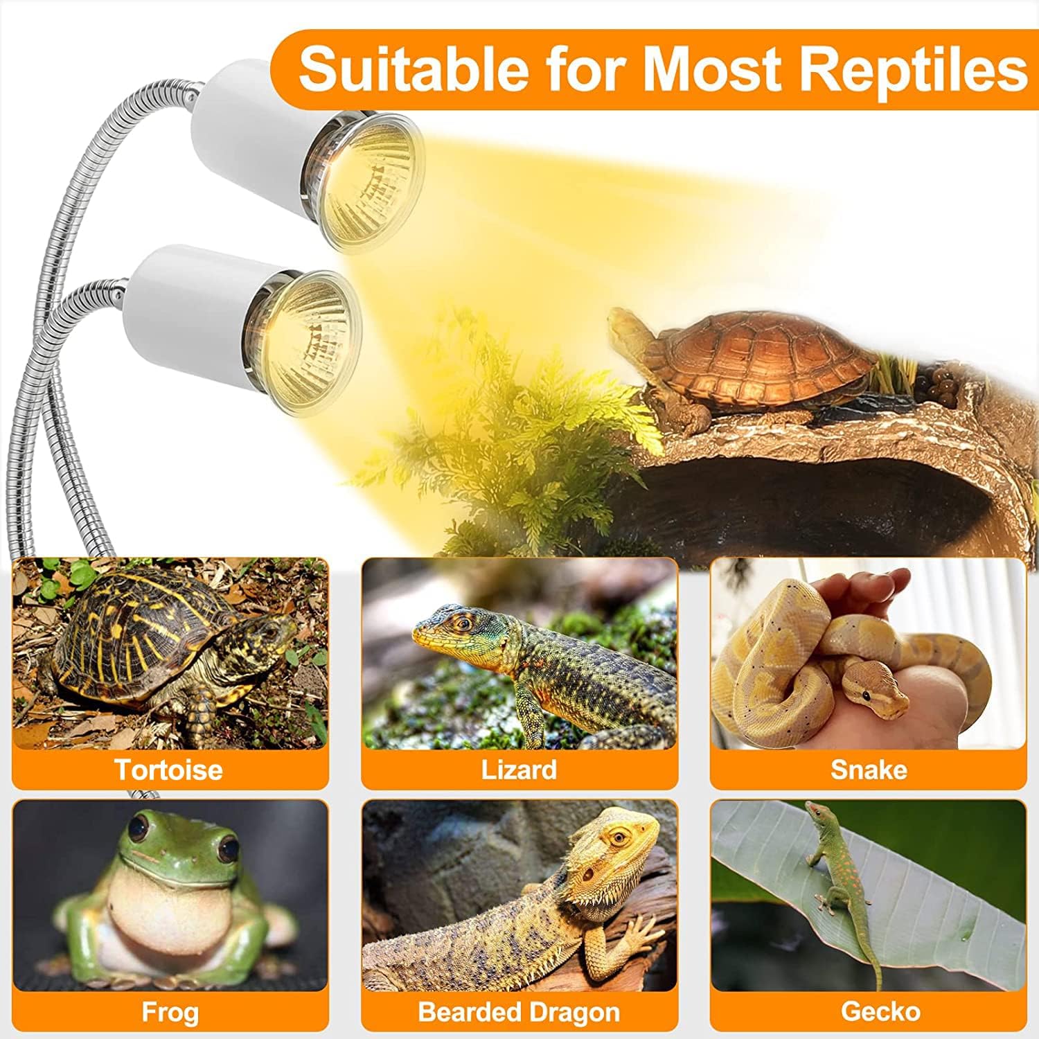 Reptile Heat Lamp, Dual Head Reptile Light with Cycle Timer, Dimmable UVA/UVB Basking Light for Turtle Tortoise