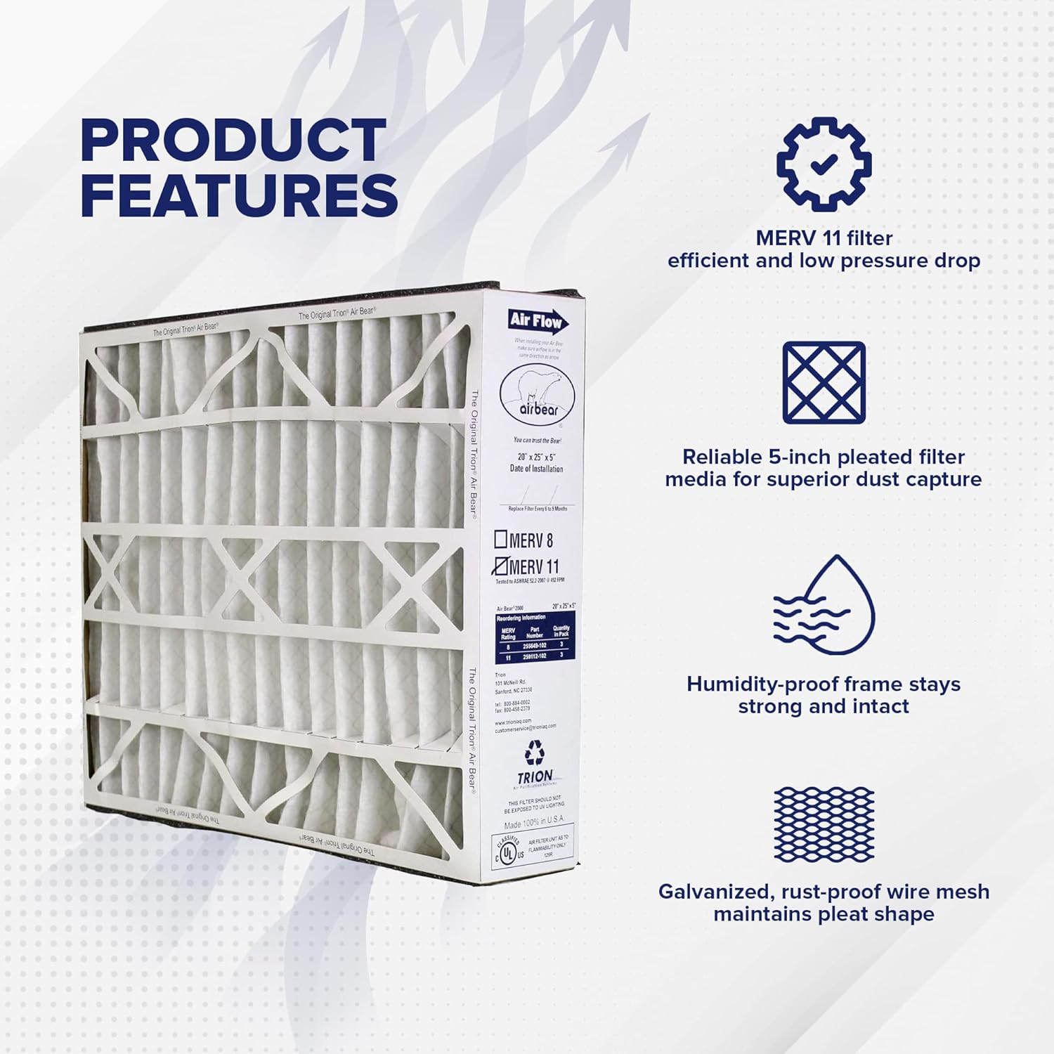 3 Pack Pleated Air Filter, Air Bear MERV 11 for HVAC/Furnace, 20x25x5 in.