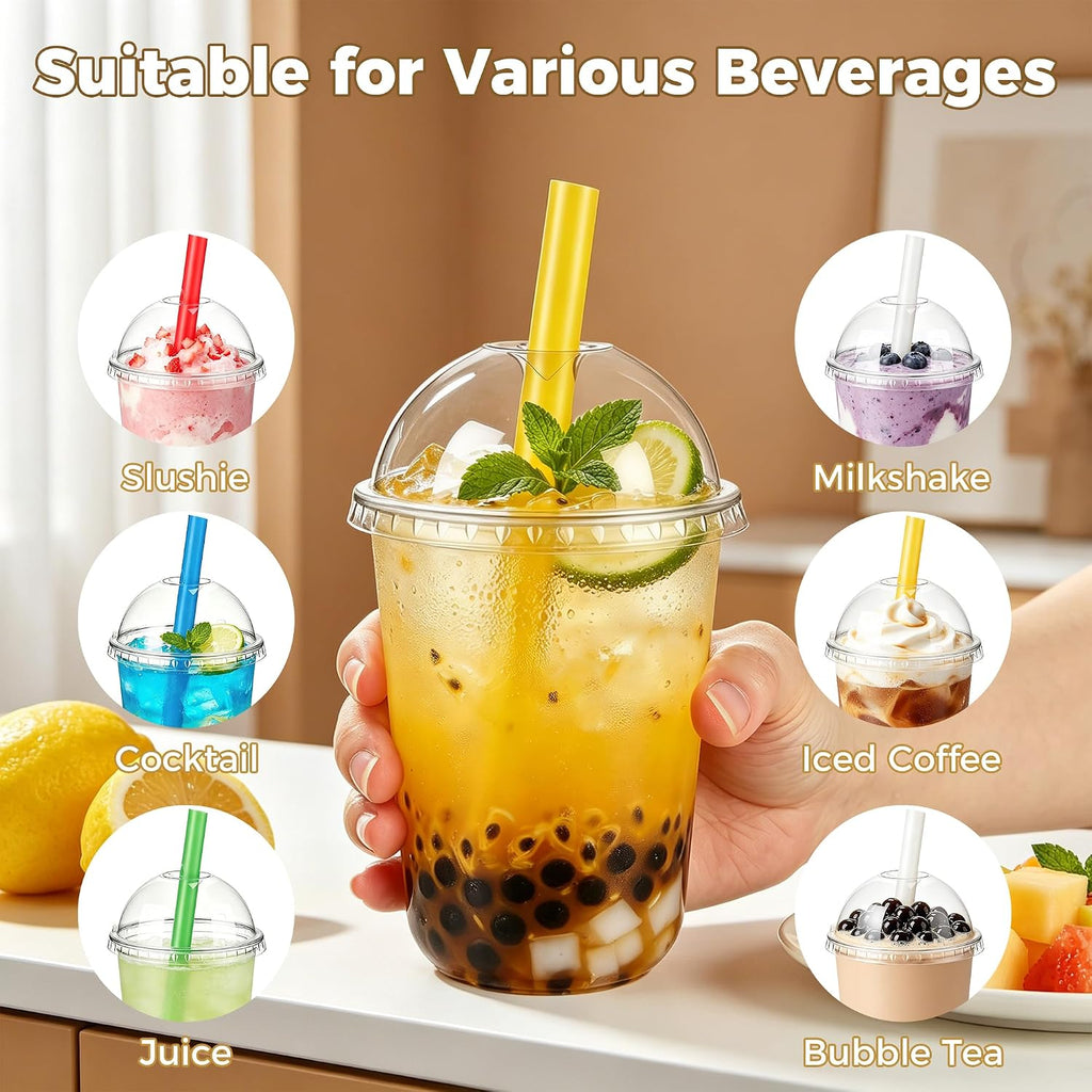 50Pack 16oz Plastic Boba Cups with Dome Lids and Colorful Straws