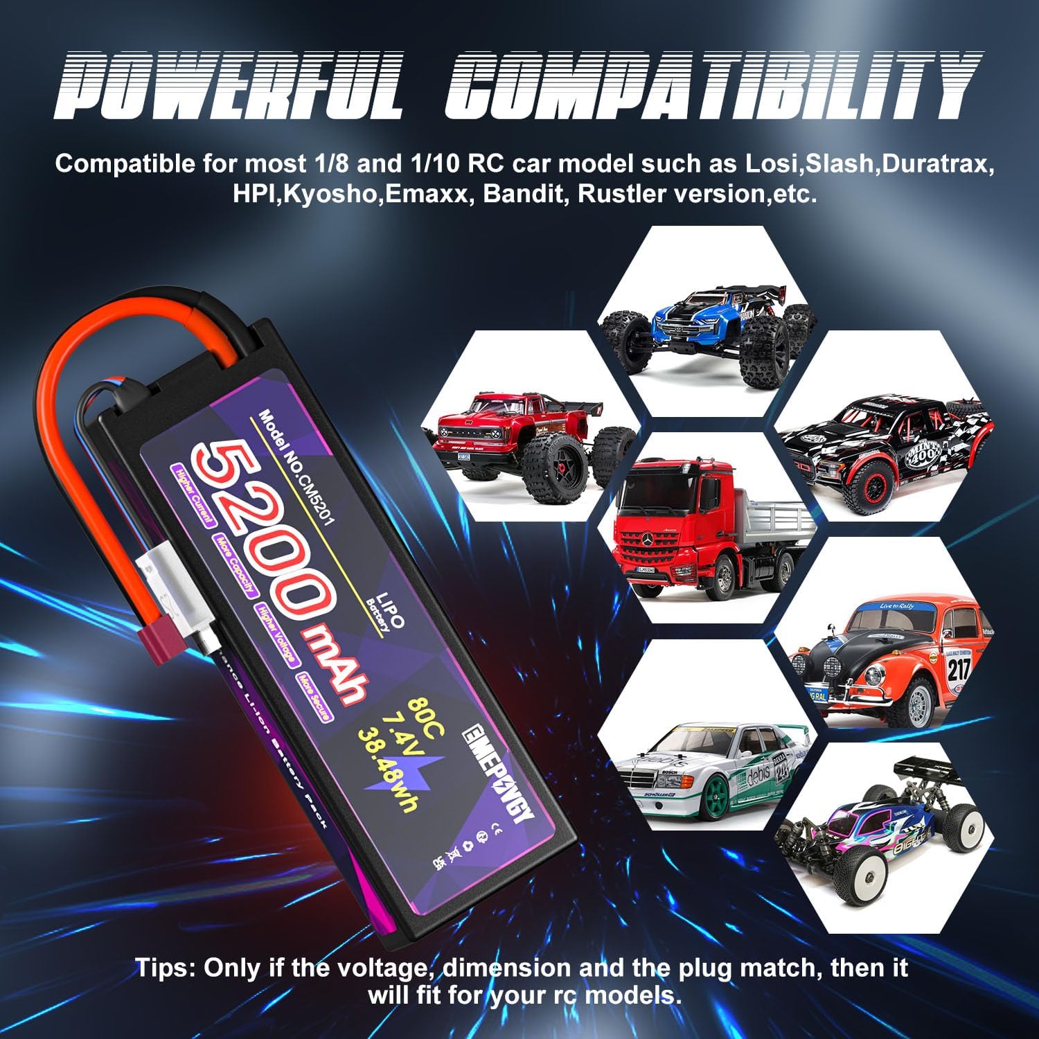 7.4V Lipo Battery 2S 5200mAh 80C Lipos Hard Case with T Connector for RC Car Trucks 1/8 1/10 RC Vehicles(2 Packs)