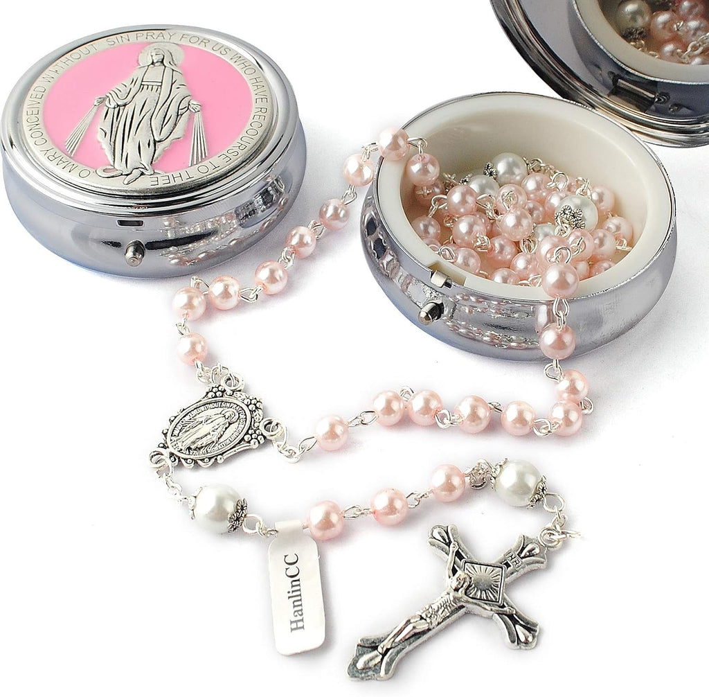 Catholic Miraculous Medal Rosary Glass Pearl Beads with Gift Box